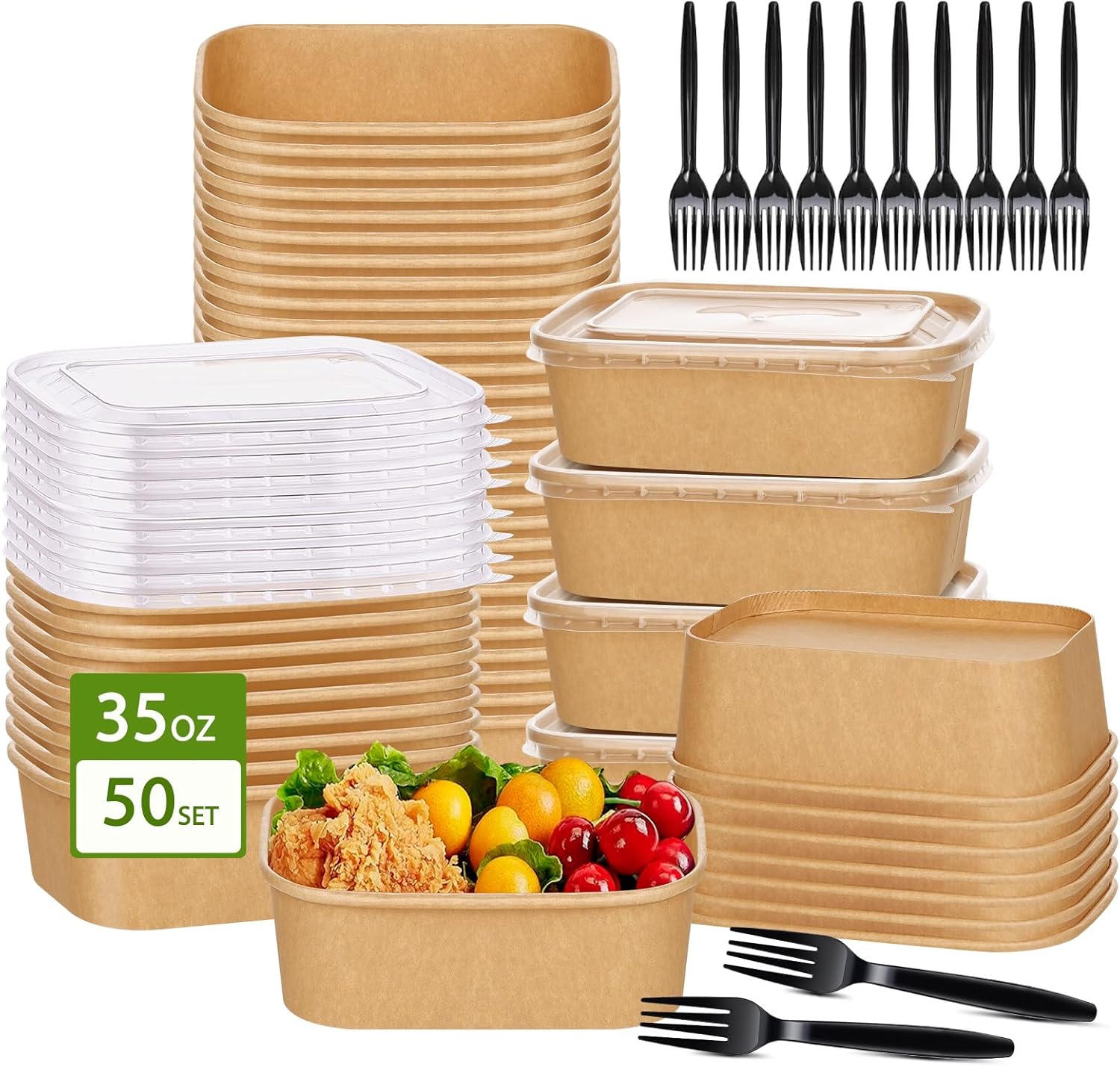 DI QIU REN disposable salad bowls with lids, 35 oz Kraft Paper, 50 Count