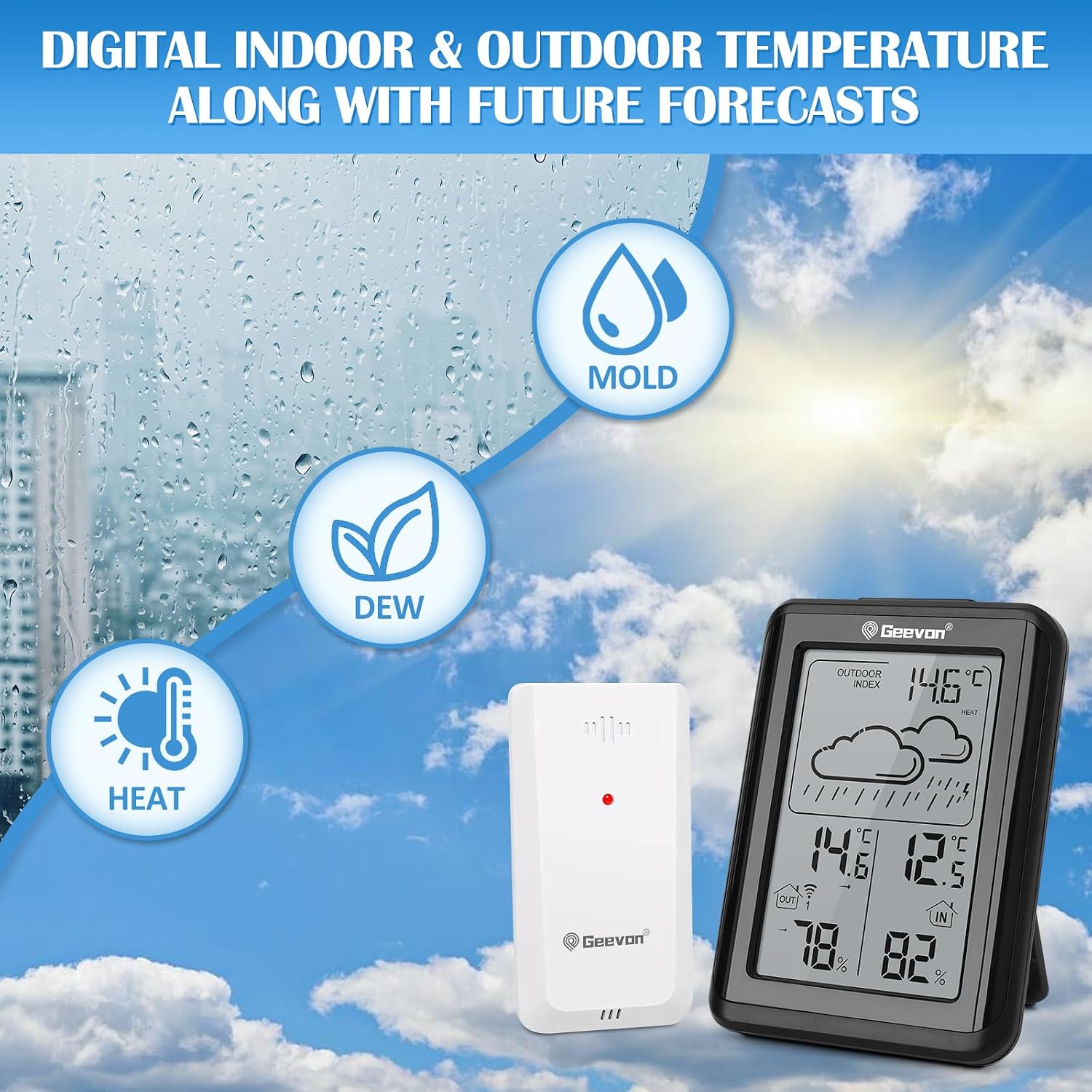Thumbnail 3 de Geevon Indoor Outdoor Thermometer Hygrometer with 3 Sensors – 200ft Range, Mould Alerts, HD Display (No App)