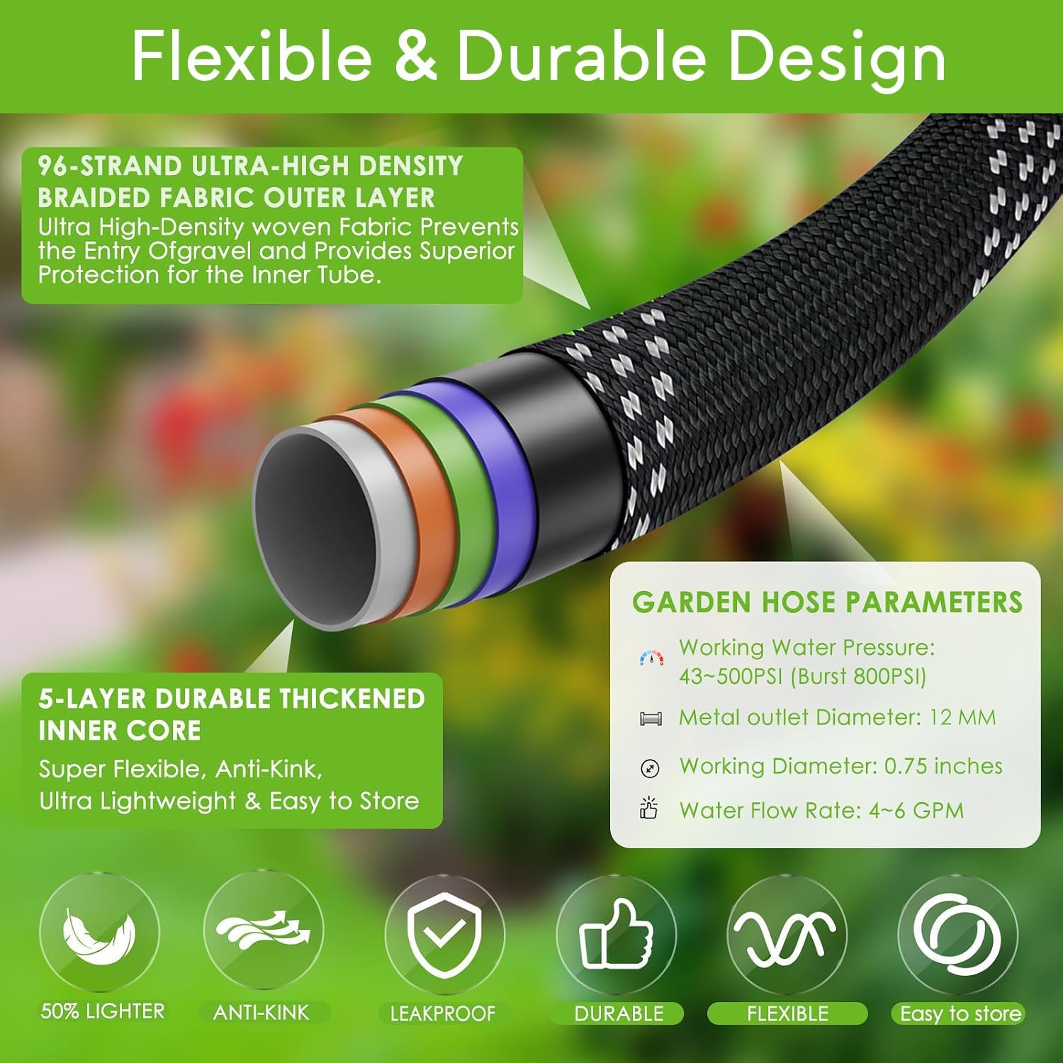 Detalle 2 de WIDEBULE 100 ft Flexible Garden Hose with 10-Pattern Nozzle and Brass Fittings