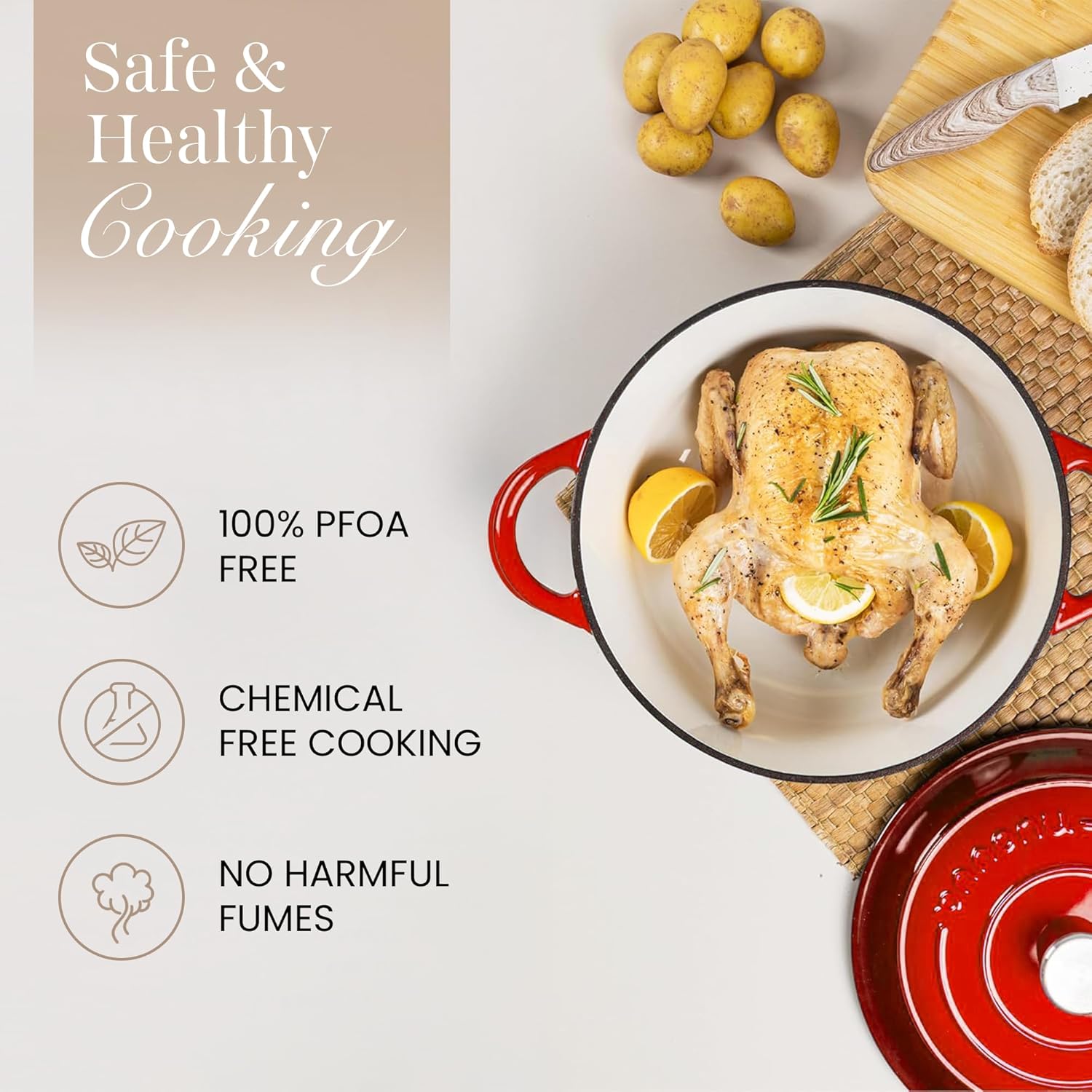 Thumbnail 3 de Nuovva 5-Quart Red Cast Iron Pot with Lid (Enamel Non-Stick Ovenproof Casserole) – Oven Safe up to 500°F, 24cm
