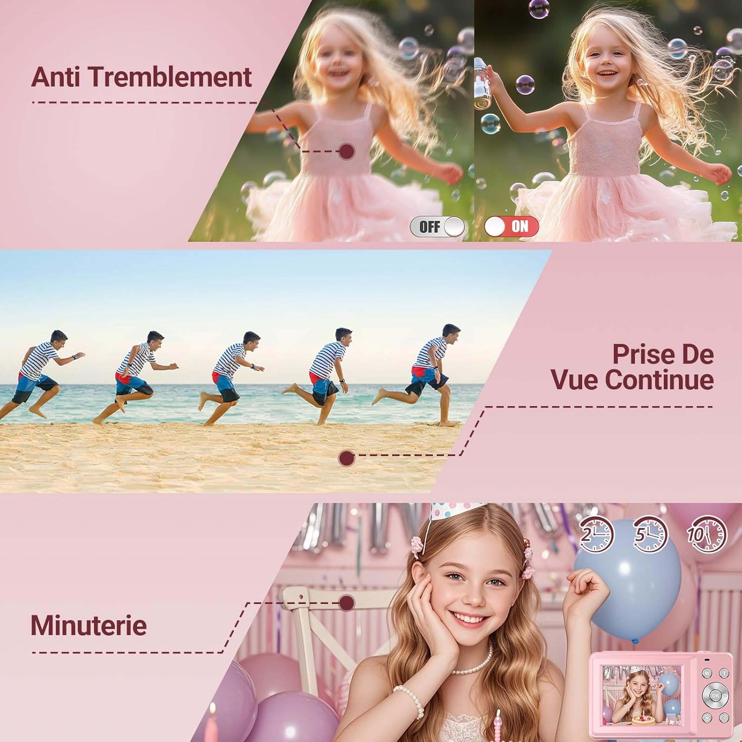 Detalle 2 de Appareil photo numérique 44MP rose (anti-tremblement) avec vidéo HD 1080P, écran IPS 2,4”, zoom numérique 16X et carte 32GB