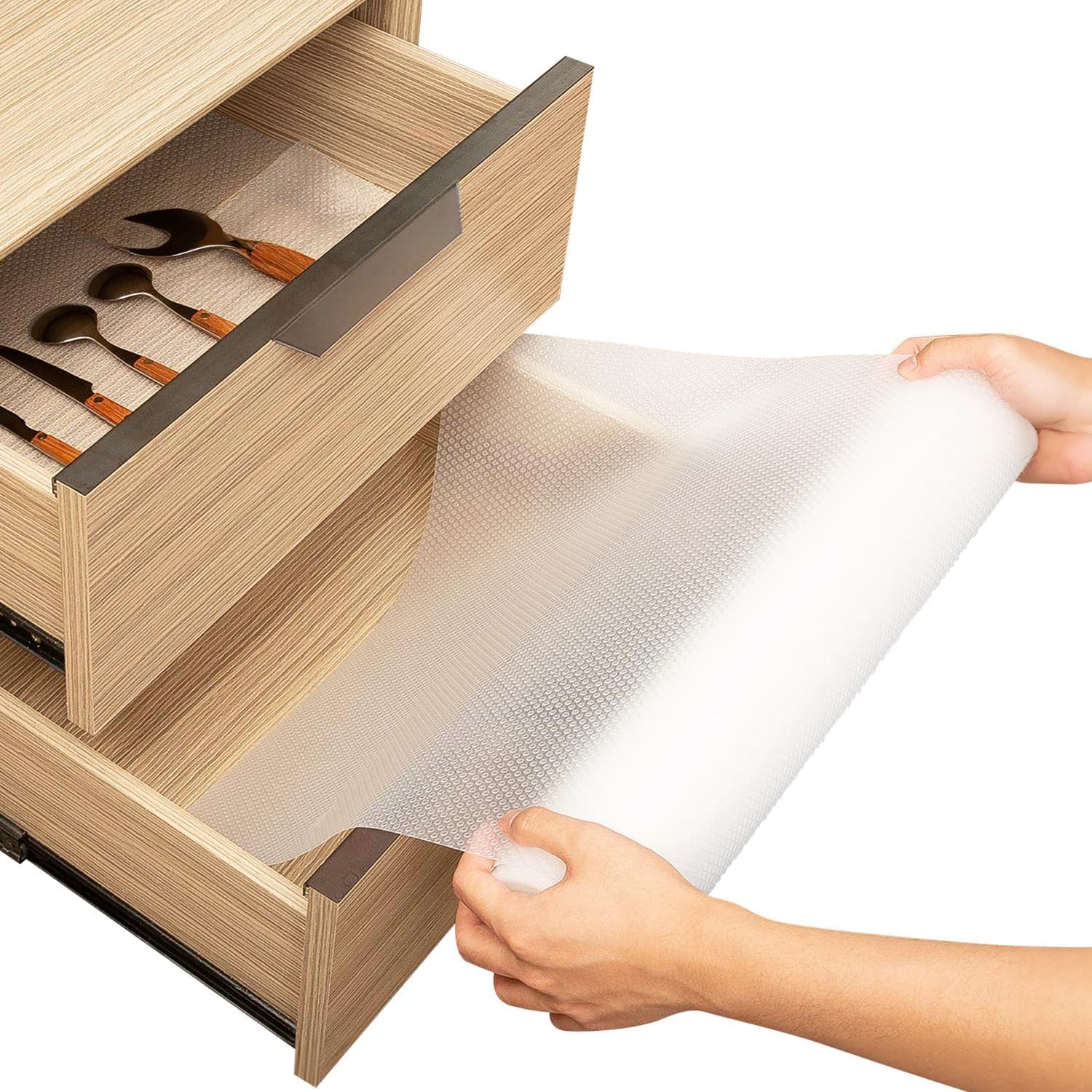 Detalle de Linda’s Essentials Kitchen Drawer Liners (44.5 x 500 cm) – Clear non-slip EVA mat for cupboards & fridge shelves