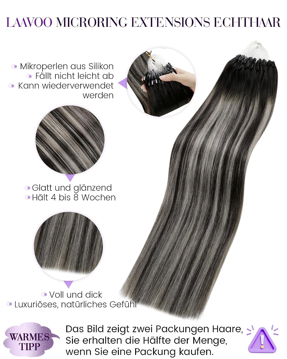 Detalle de LaaVoo Microring Echthaar Extensions – Balayage Silber Bis Balayage Ombre Schwarz, 50 cm, 50 g, 50 Stück