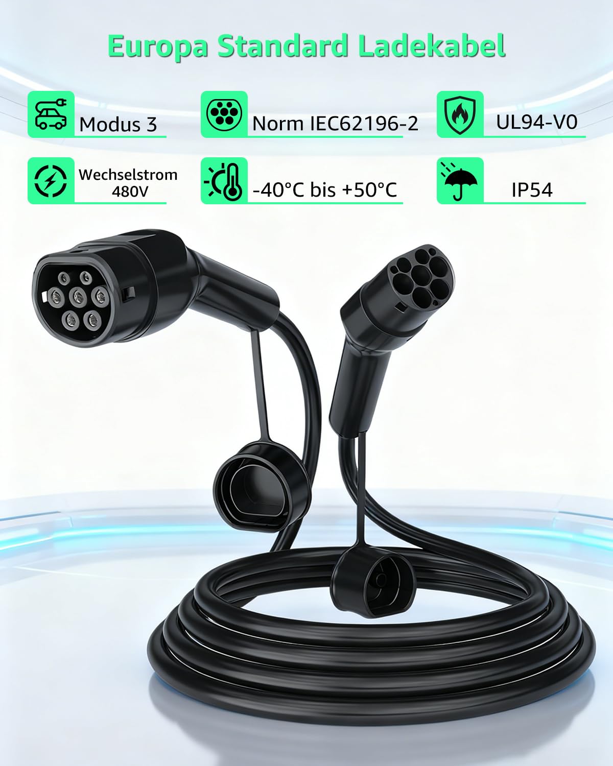 Detalle 2 de GONEO Typ 2 Ladekabel 11 kW, 8 m (3-phasig/16 A, Mode 3) – IP54, TPU abriebfest inkl. Tragetasche