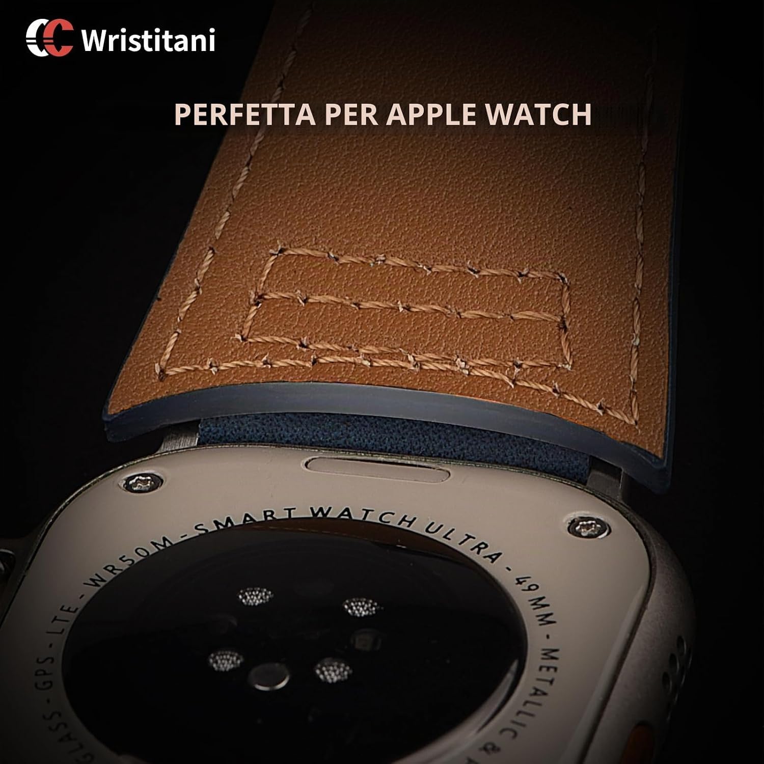 Detalle de Wristitani Cinturino in pelle vintage per Apple Watch – compatibile 38–49 mm