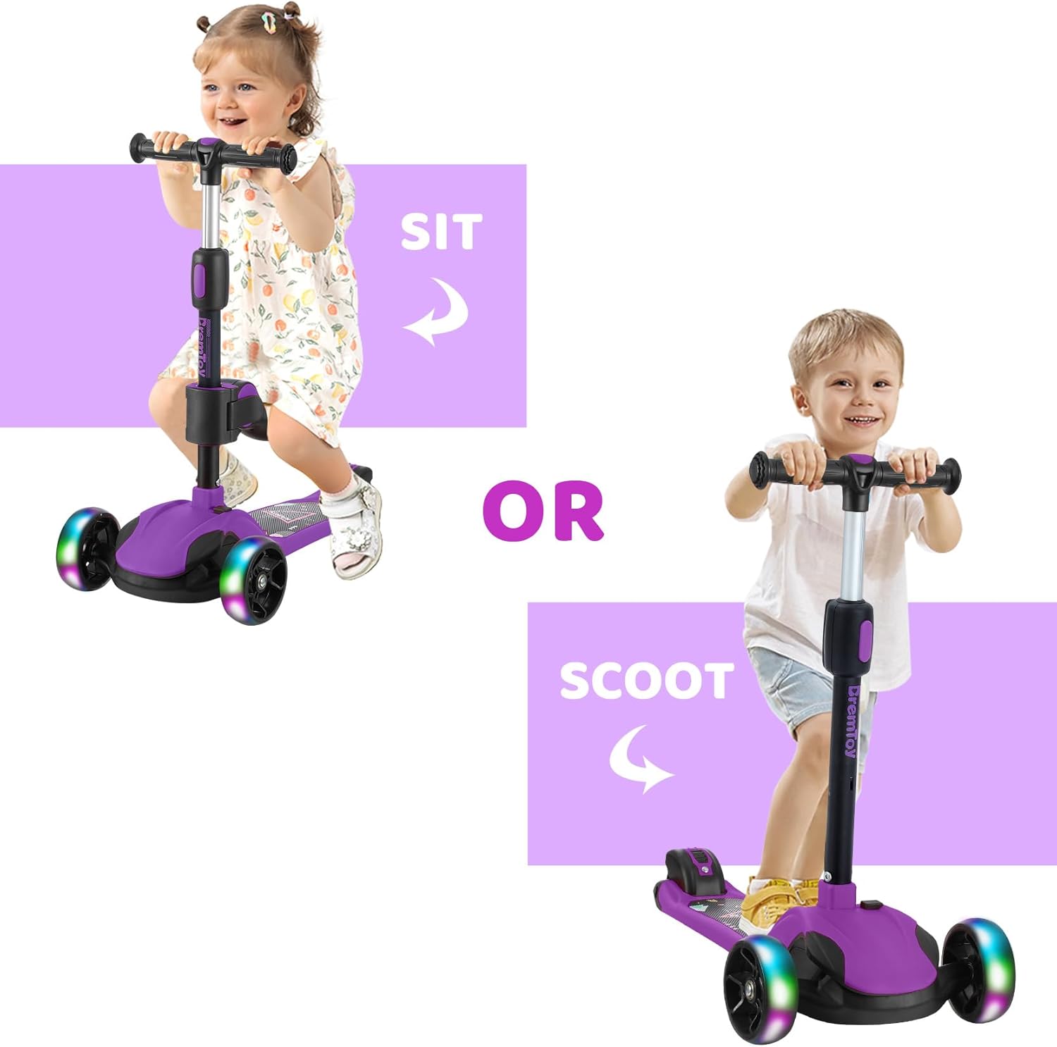Thumbnail 6 de BremToy Roller Kinder mit abnehmbarem Sitz – stufenlos höhenverstellbarer Lenker, PU LED-Räder, faltbar