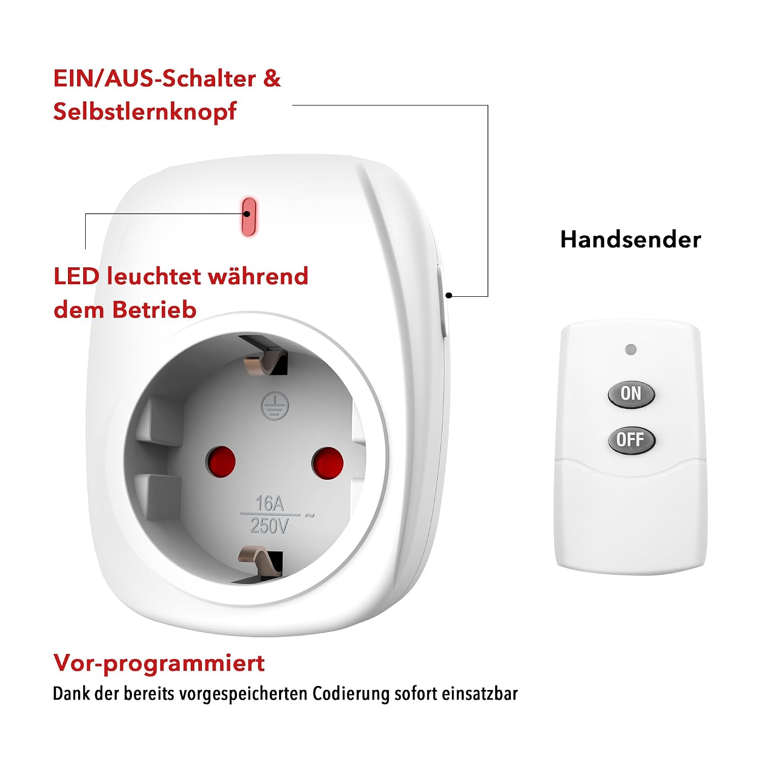 Detalle de HBN 1 Funksteckdose mit Fernbedienung (16A/3.680W) – kabellos schalten bis 30 m, weiß