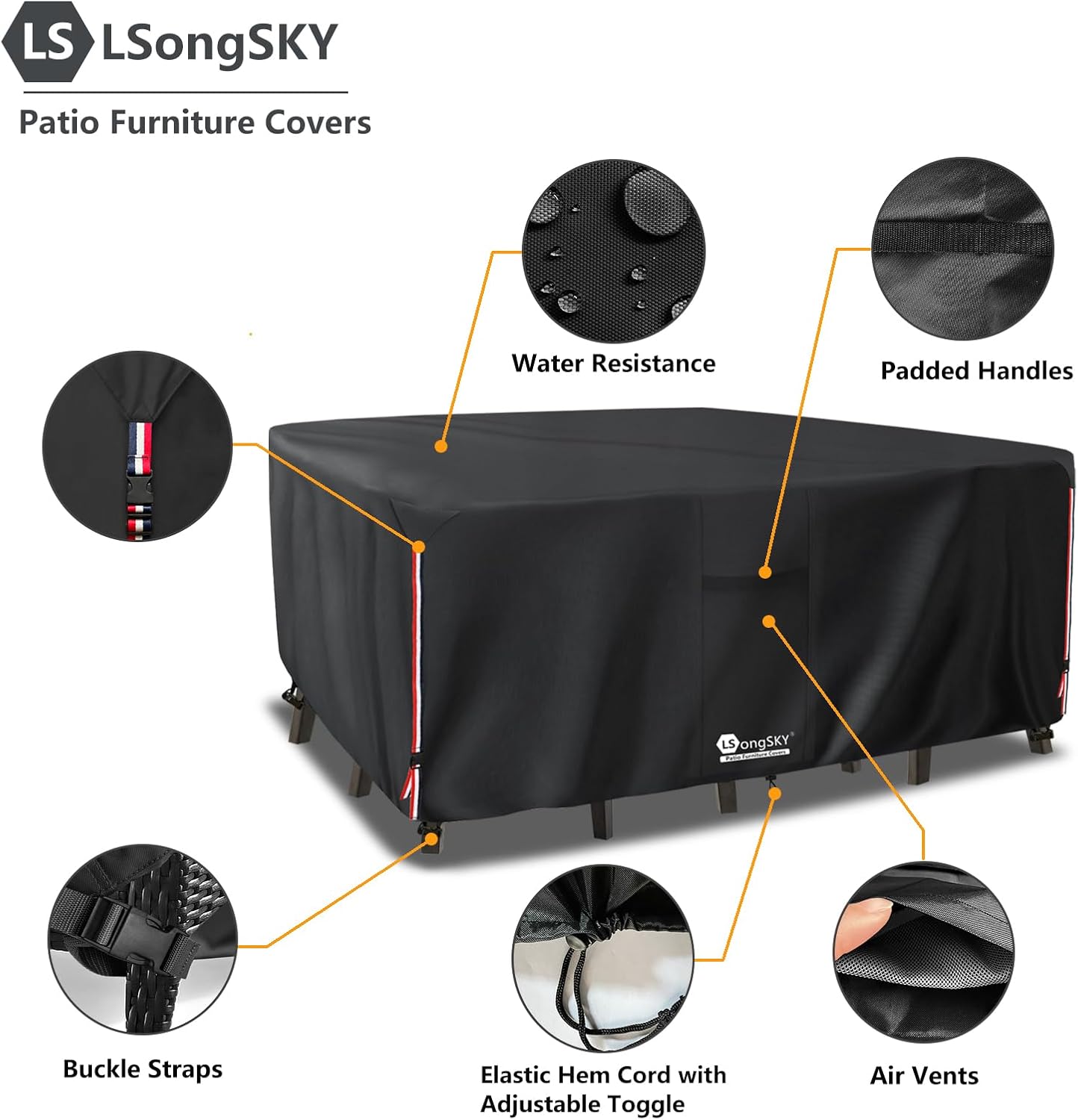 Detalle de LSongSKY Rectangular 111"L x 74"W Patio Furniture Cover, 600D Waterproof Oxford
