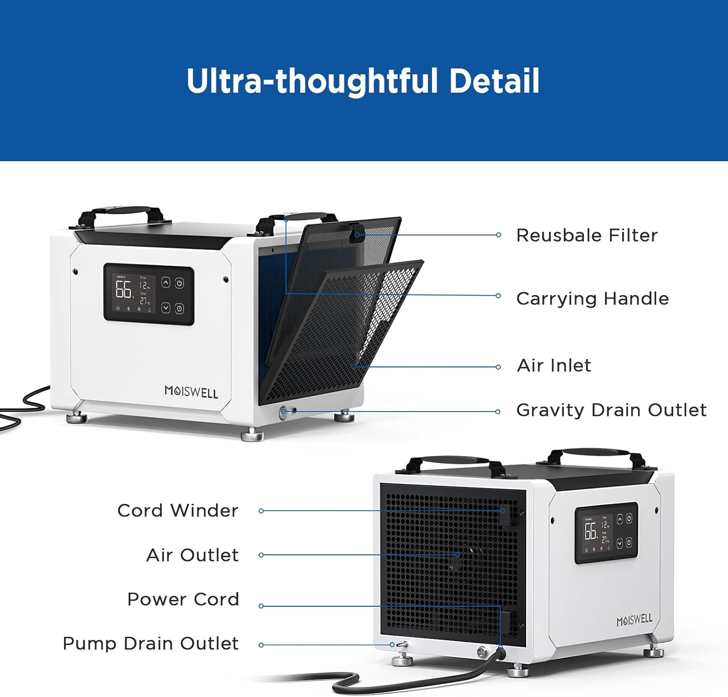 Thumbnail 6 de Moiswell 35L Commercial Dehumidifier with Pump – 35L moisture removal, continuous drain hose, low-noise operation