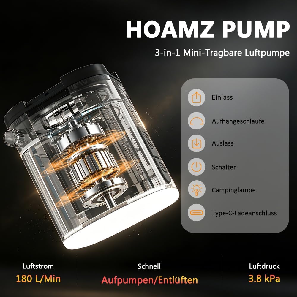 Detalle 2 de HOAMZ Elektrische Luftpumpe 3-in-1: Ultrakompakt, vielseitig und zuverlässig für Camping