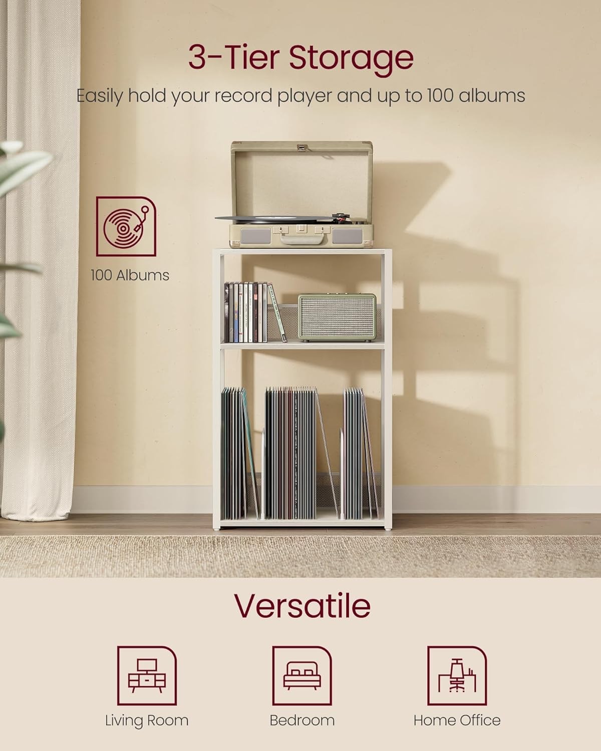Thumbnail 3 de VASAGLE Record Player Stand 3-Tier Side Table (Rustic White)