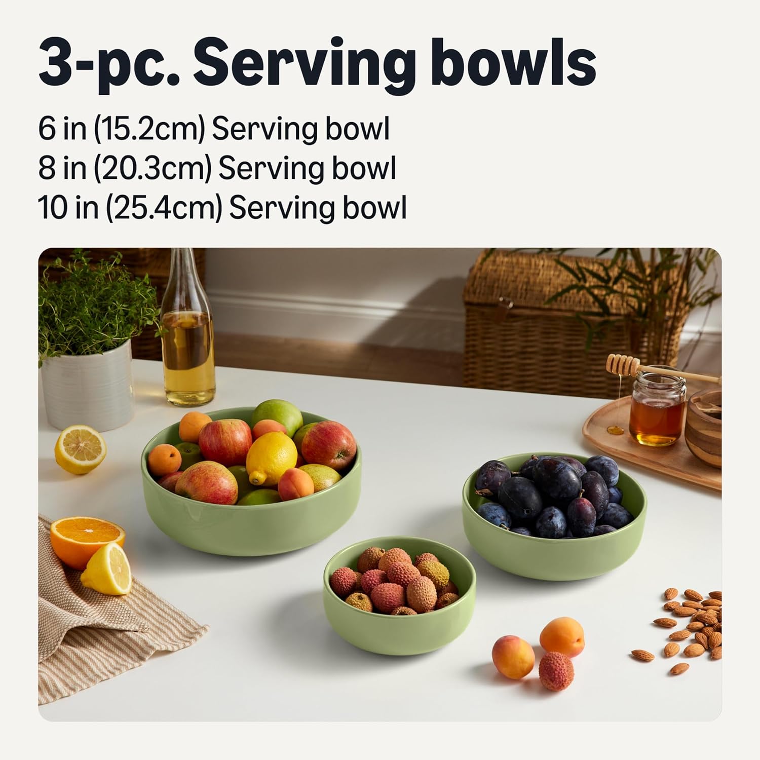 Detalle 2 de Amazon Basics Glazed Stoneware Serving Bowls, 3-Piece Set – Olive