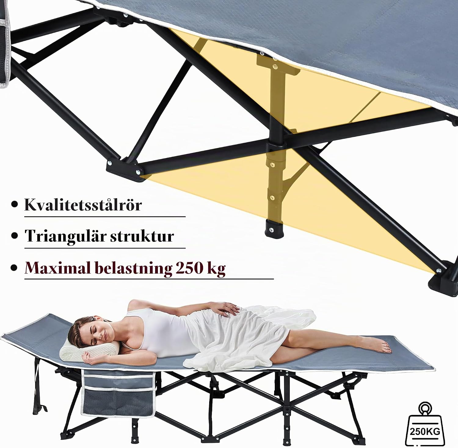 Detalle de UISEBRT UIS-O-(HAG6286G) campingsäng i 600D Oxford-tyg, upp till 250 kg