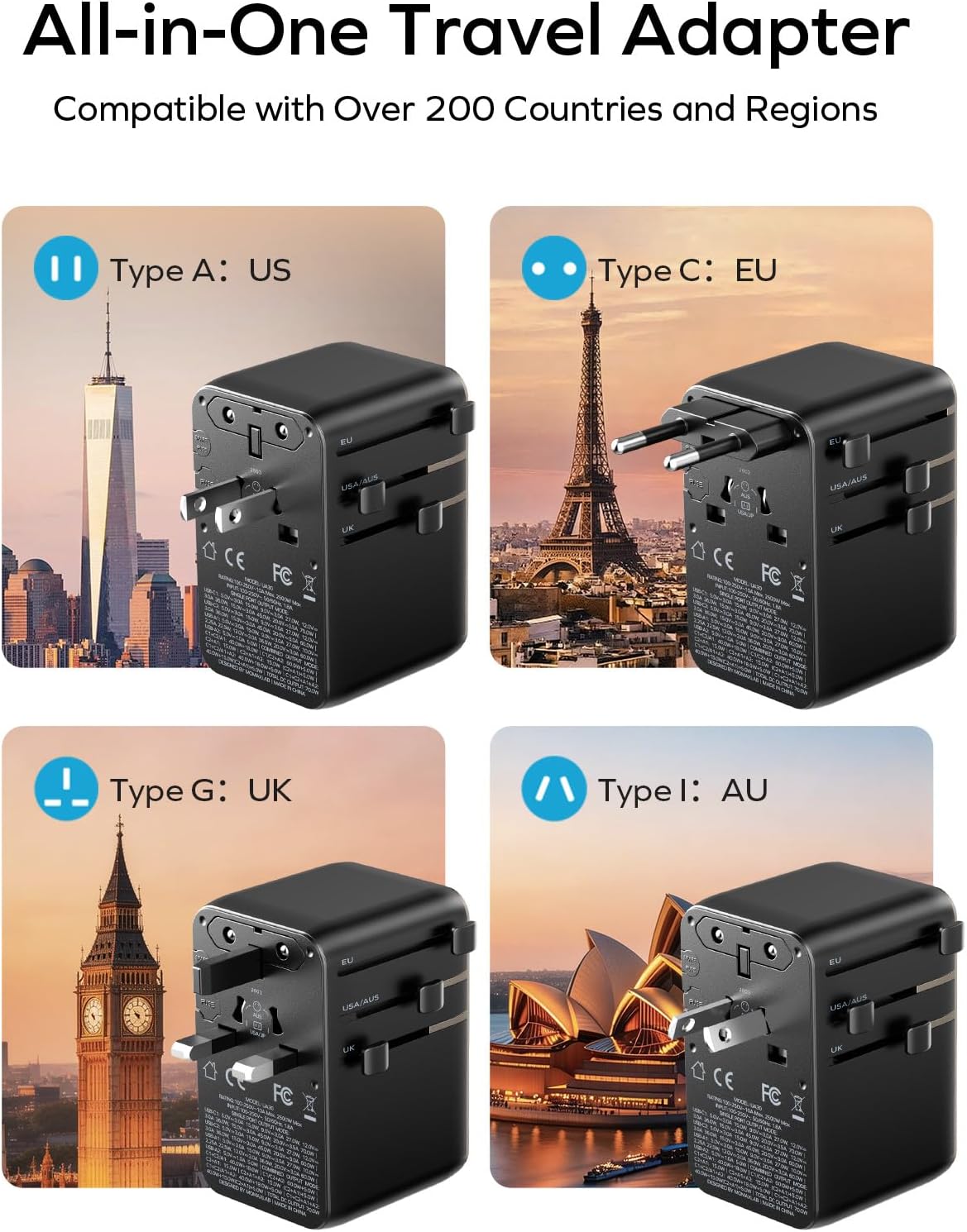Thumbnail 4 de Momax Universal Travel Adapter with Cable — 70W GaN, 200+ Countries, 4 Plug Types, 2 USB-C & 2 USB-A
