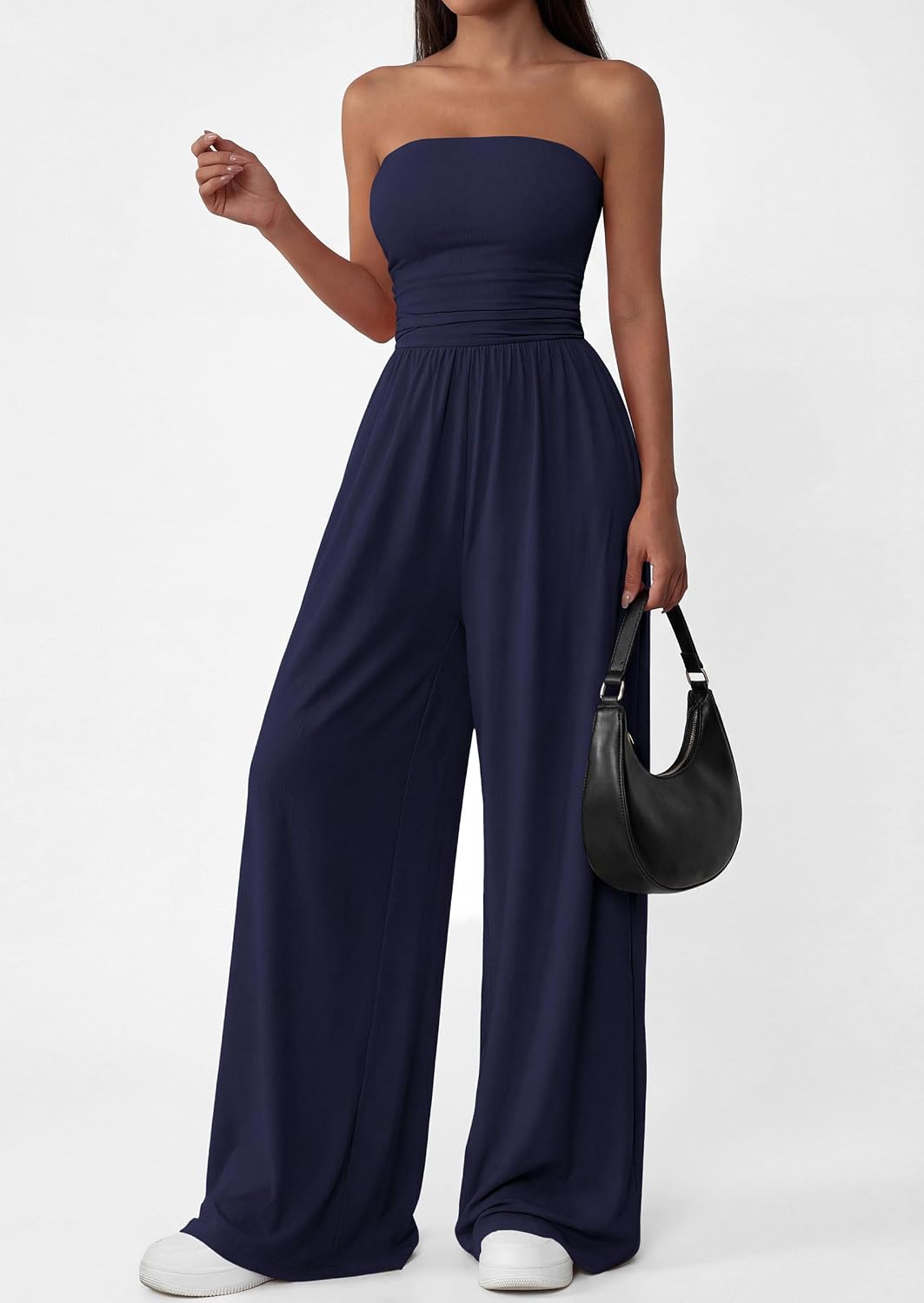 Detalle de PRETTYGARDEN Womens Trendy Strapless Rompers: Ruched Tube Top Wide Leg Jumpsuit
