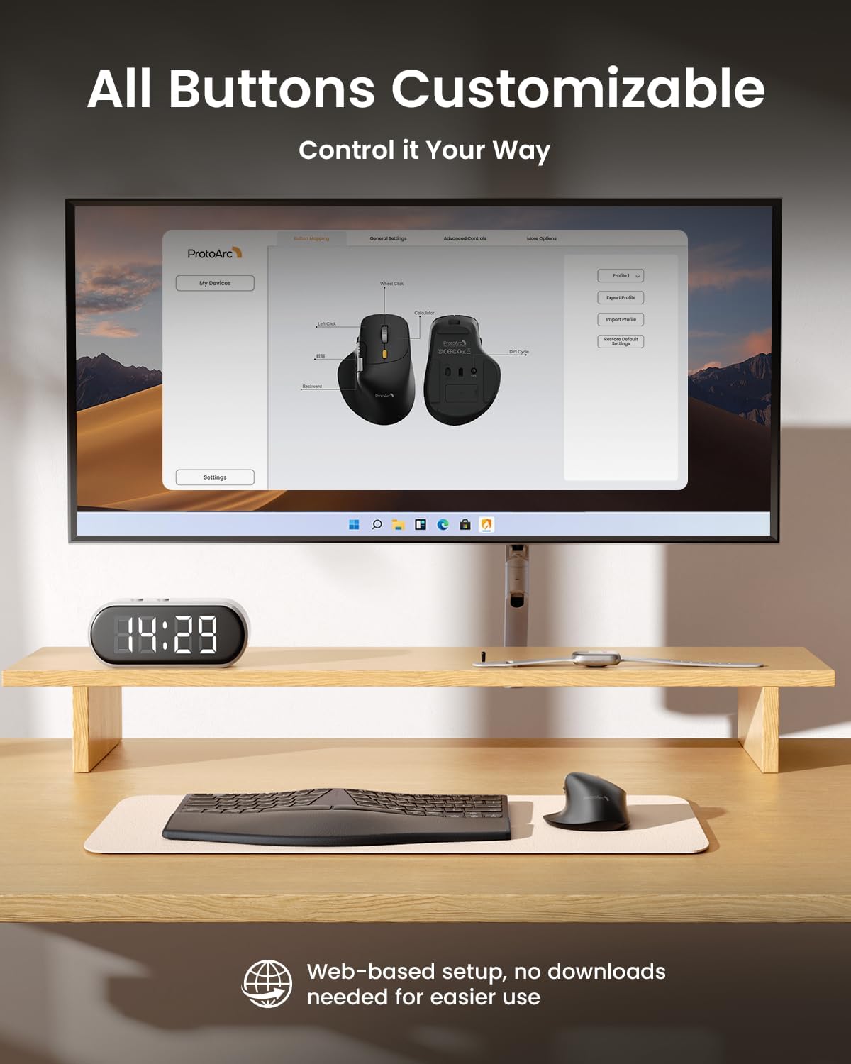 Thumbnail 4 de ProtoArc EM25 ergonomic wireless mouse (2.4G + Bluetooth) with fast flywheel scrolling, thumb wheel and custom button