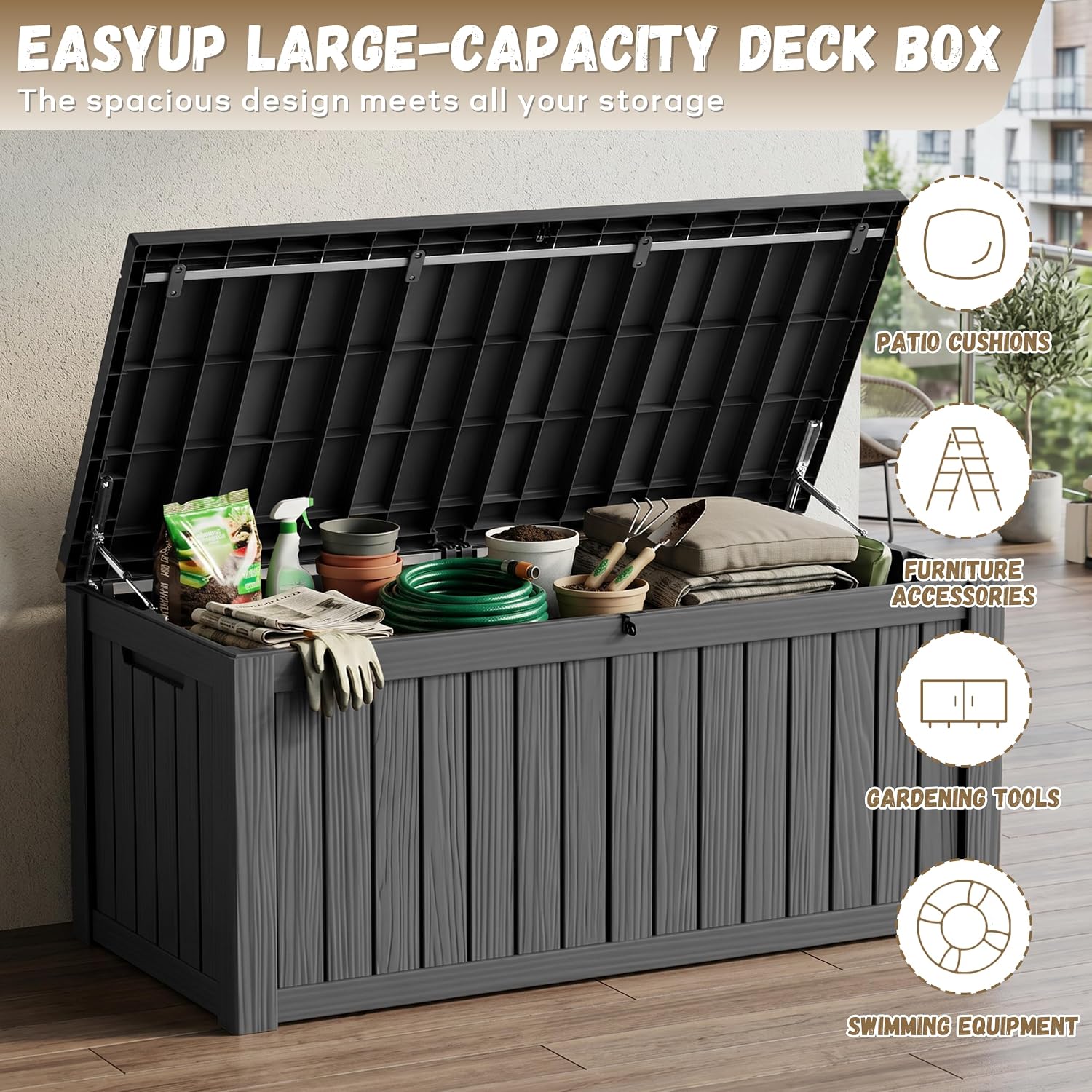 Detalle 2 de EasyUp 220 Gallon Deck Box, Black Lockable Outdoor Storage with UV-Resistant Resin