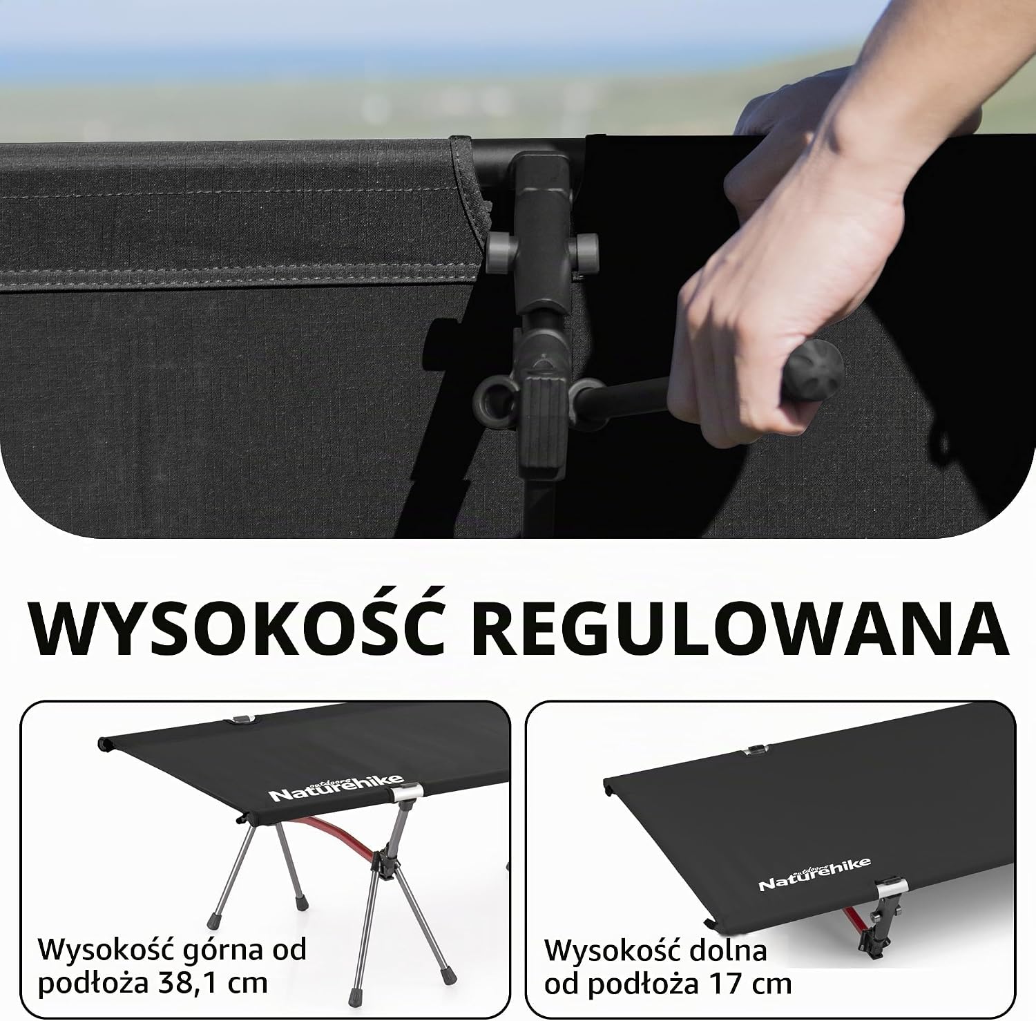 Detalle de Naturehike JUNYE-H składane łóżko polowe z regulacją wysokości, do 150 kg
