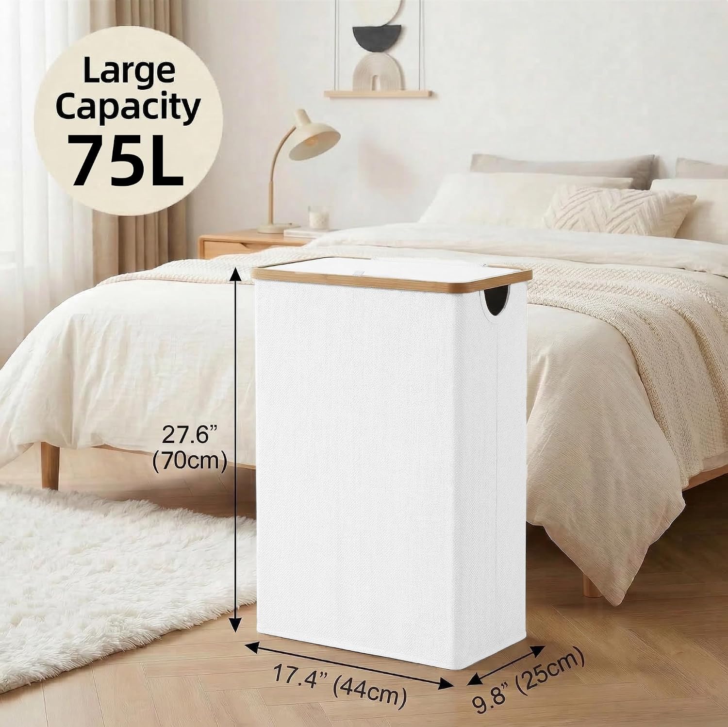 Detalle 1 de efluky 75L Slim Laundry Hamper with Lid, Removable Bag, and Bamboo Handles