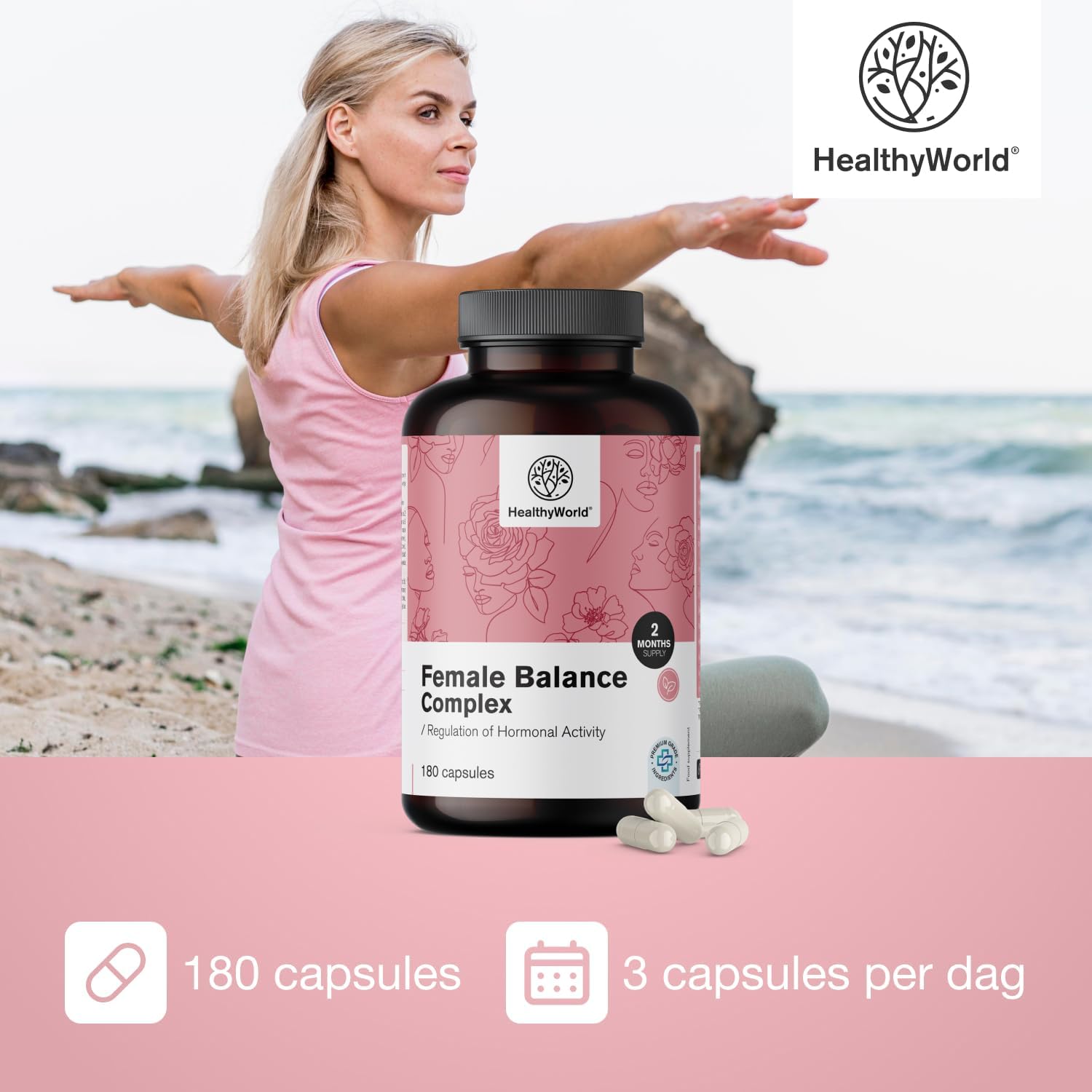 Detalle de HealthyWorld Female Balance hormonale-balanscomplex, 180 capsules met 12 actieve ingrediënten
