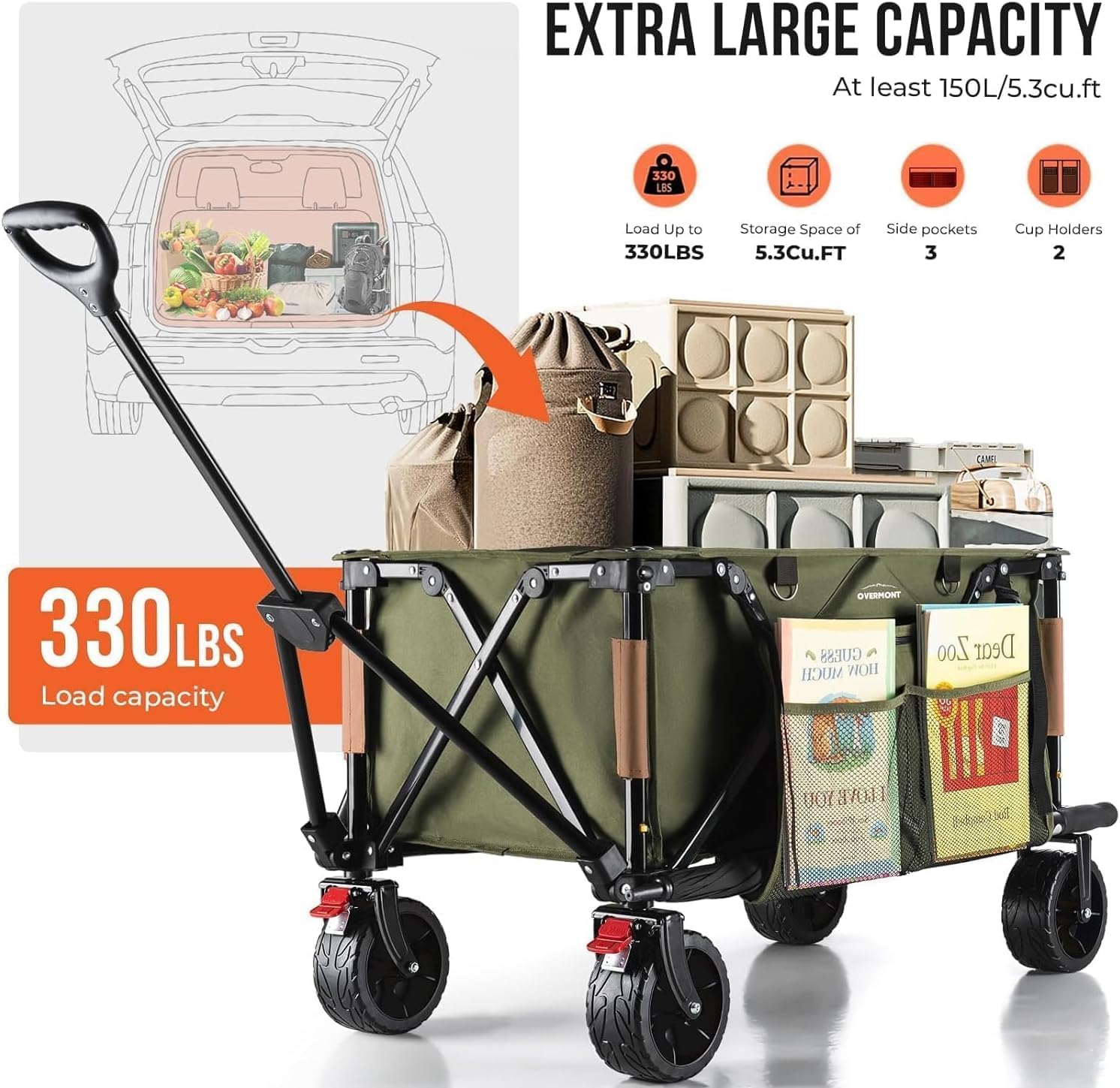 Detalle de Overmont 150kg Festival Camping Trolley on Wheels (Heavy-Duty Folding Beach Wagon Cart) – Green