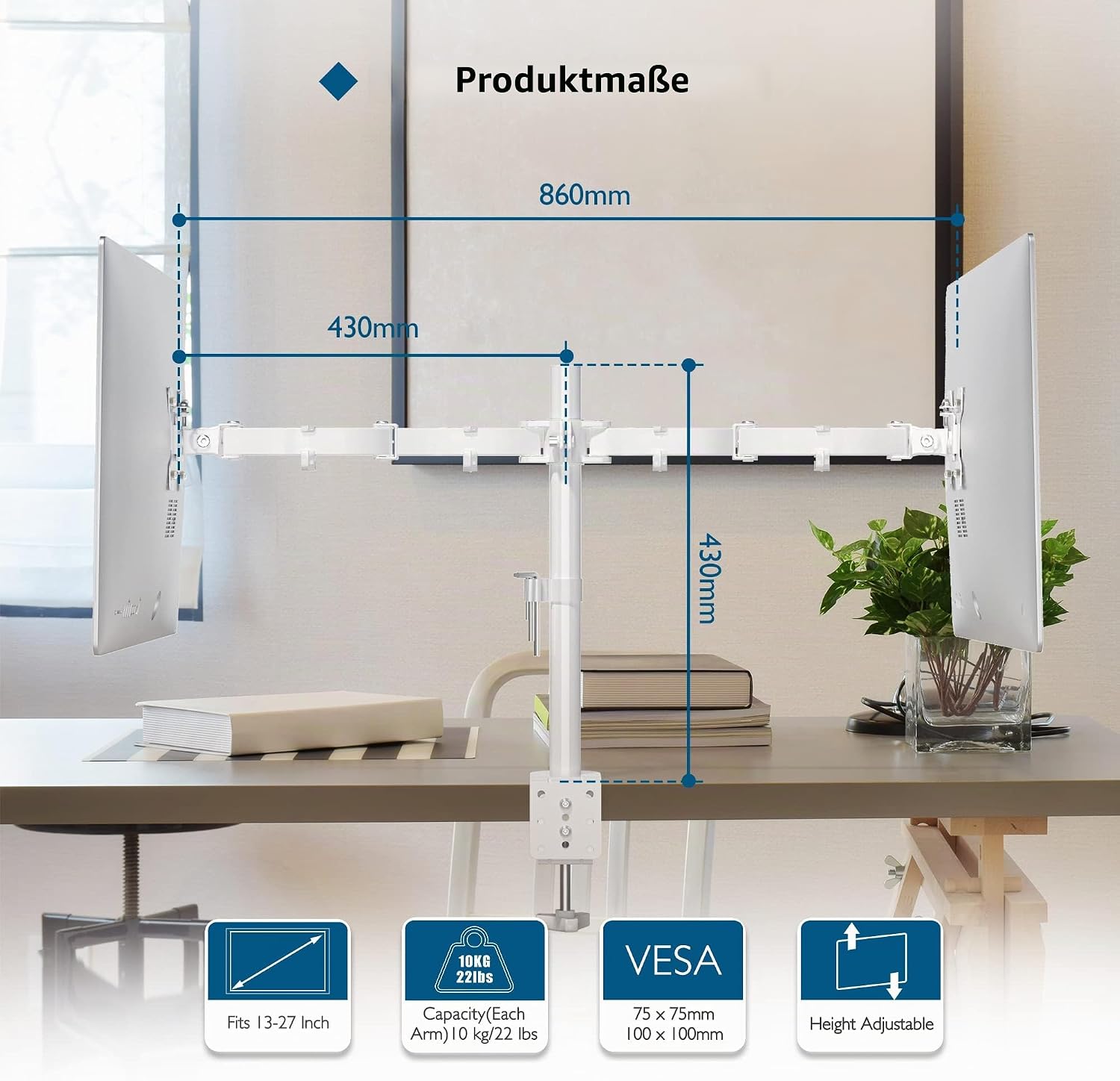 Detalle de BONTEC Monitor-Halterung 2 Monitore für 13–27 Zoll (Stahl, Doppelarm, höhenverstellbar) – VESA 75/100, 10 kg pro Arm, weiß