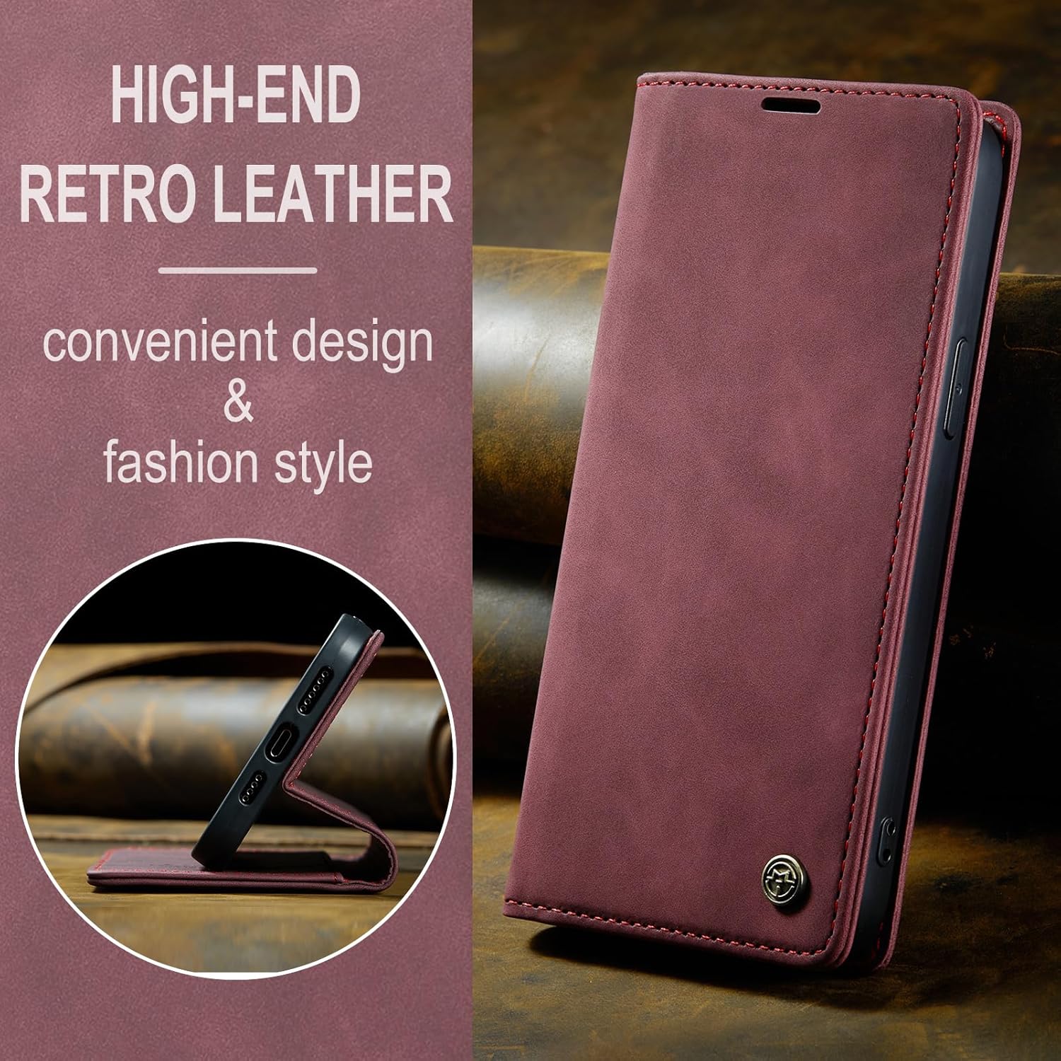 Thumbnail 5 de Azororo Handyhülle für iPhone 14 5G im Flip-Case-Stil mit Kartenfach & Standfunktion (Weinrot)