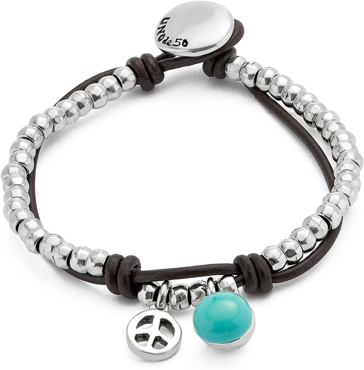 Detalle de UNOde50 Bracciale in argento sterling placcato con perline, pelle e vetro di Murano turchese