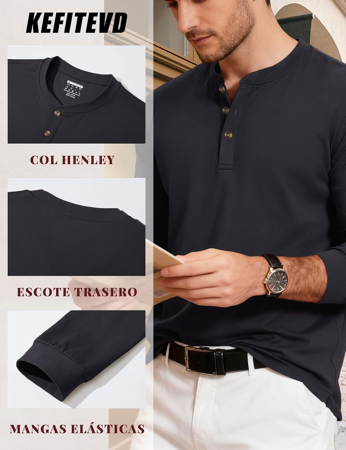 Thumbnail 4 de KEFITEVD CAV-690-DE Henley-shirt met lange mouwen in katoen