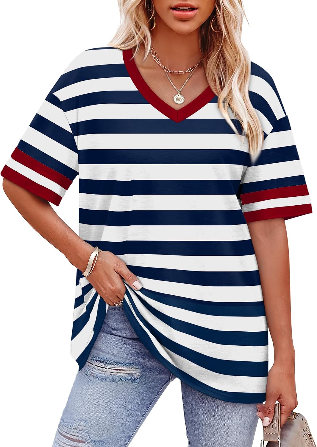 Detalle de WIHOLL Women’s Loose Fit V-Neck Color Block T-Shirts (Short Sleeve)