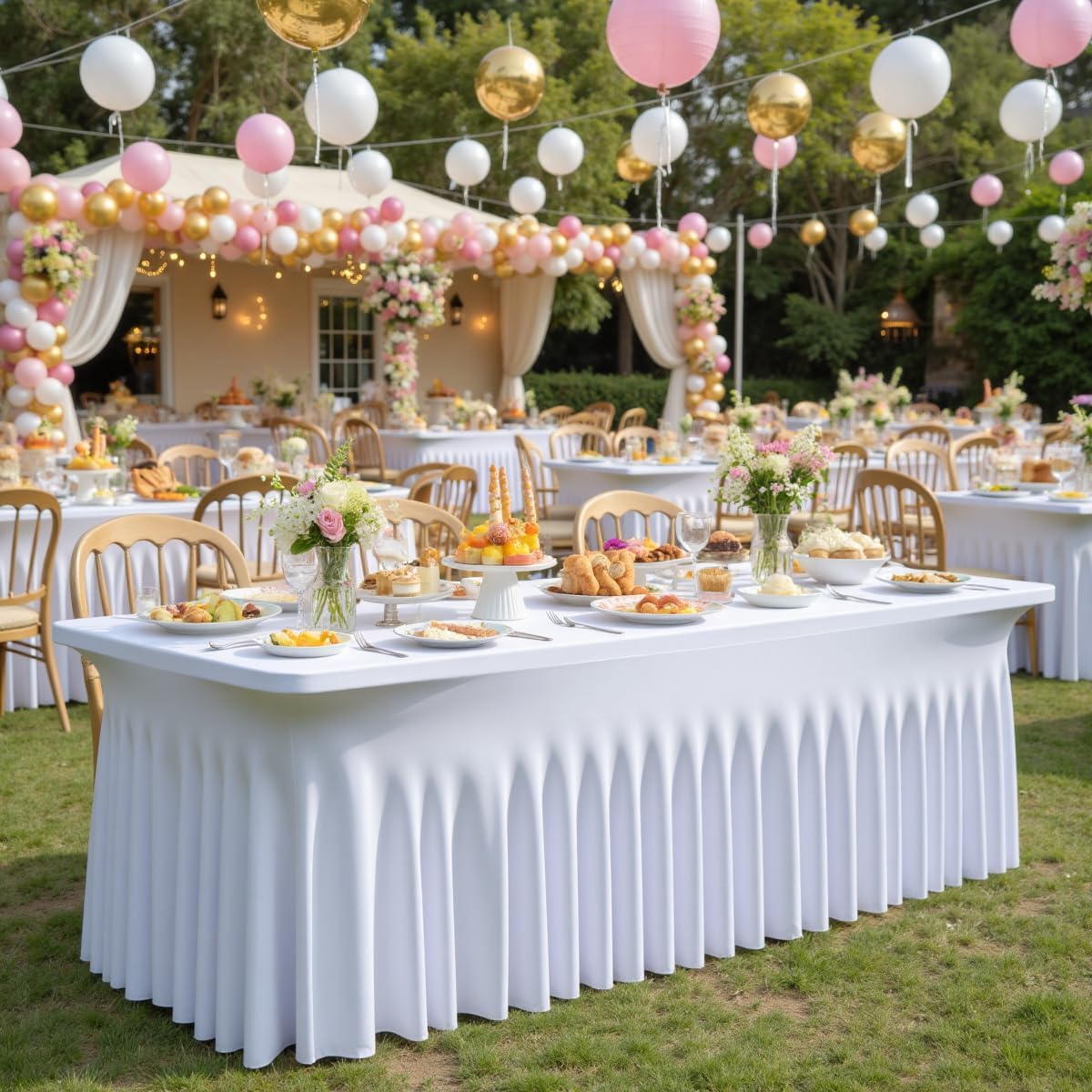 Thumbnail 3 de 8-Pack White Wavy Spandex Tablecloths for 6-Foot Rectangle Tables (Wrinkle-Resistant Fitted Covers)