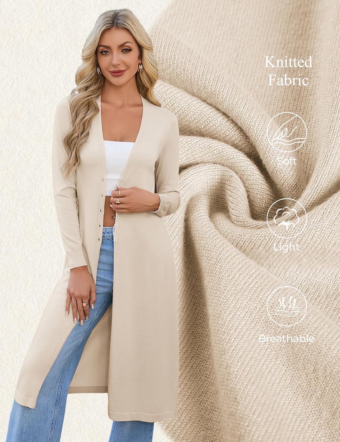 Thumbnail 6 de GRACE KARIN Women's Long Lightweight Knit Cardigan, V-Neck Button-Front Duster