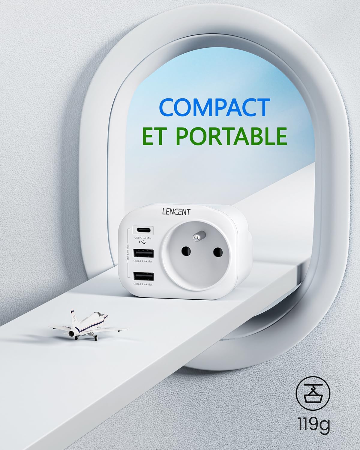 Thumbnail 5 de LENCENT Type G Adaptateur de Voyage 4 en 1 – Prise Française vers UK (Angleterre, Irlande, Écosse) avec 1 AC, 1 USB-C et 2 USB-A