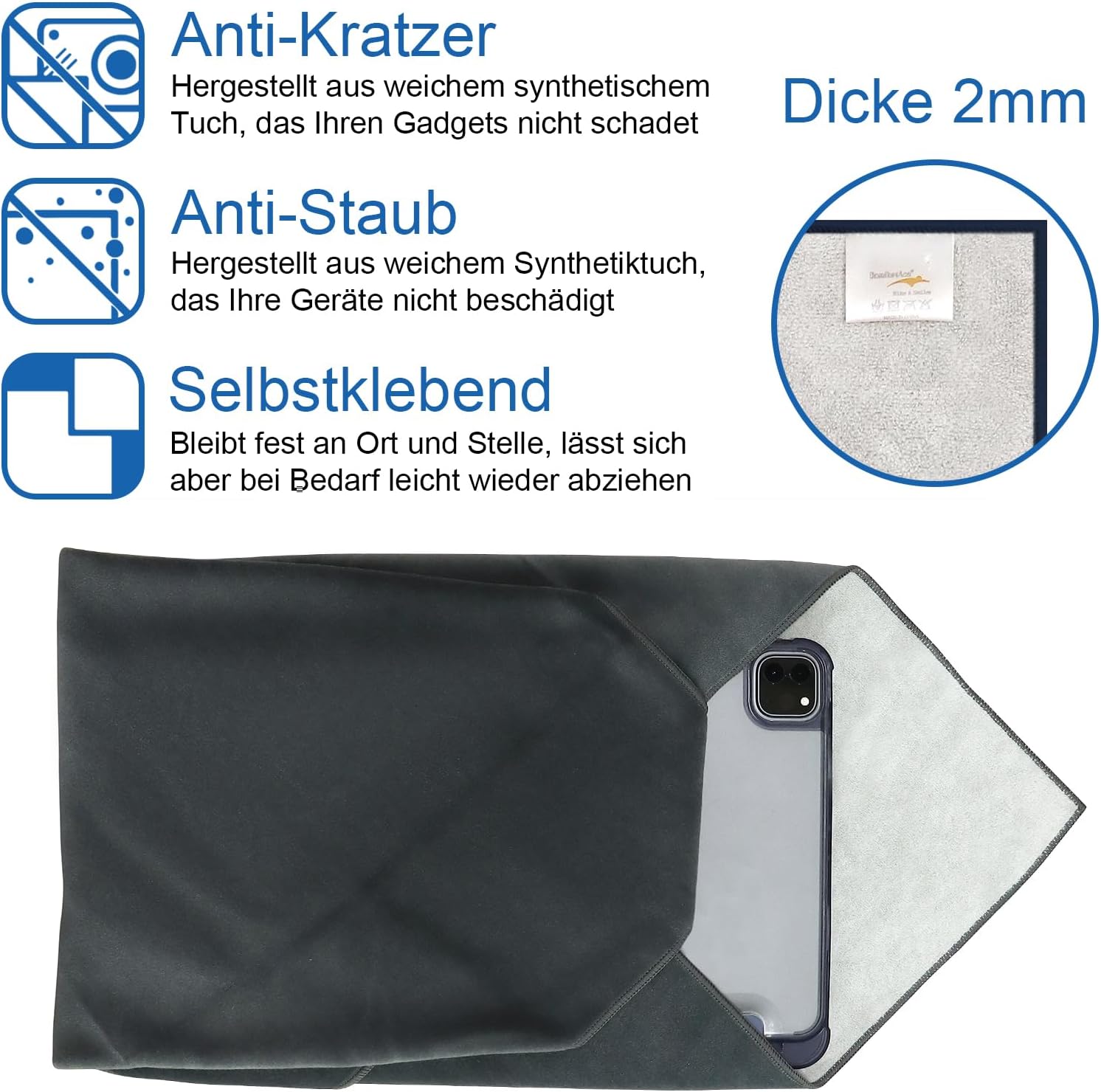 Detalle de ComfortAce Einschlagtuch für Kamera – Schutzhülle zum Einwickeln, 45 x 45 cm, Grau