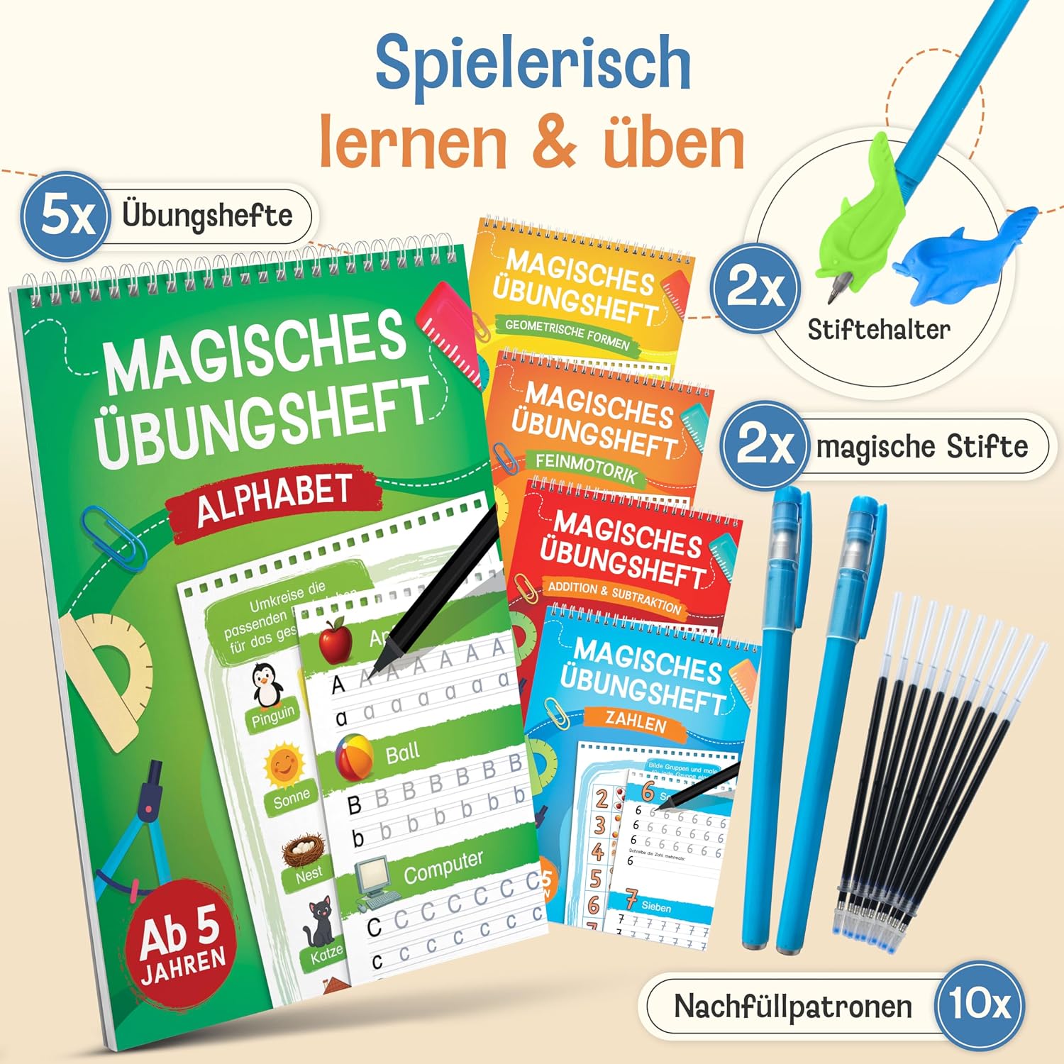 Detalle de Magische Übungshefte für Vorschule ab 5 Jahren – 5 Hefte, Stifte & Reusable Lernhefte