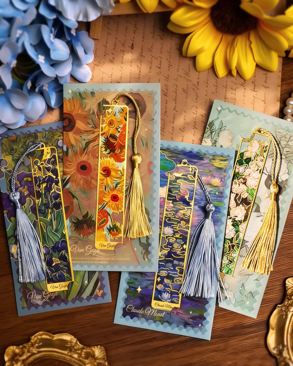 Thumbnail 2 de HOMTEK 4-Piece Metal Bookmarks with Tassel — Golden Oil Painting Theme