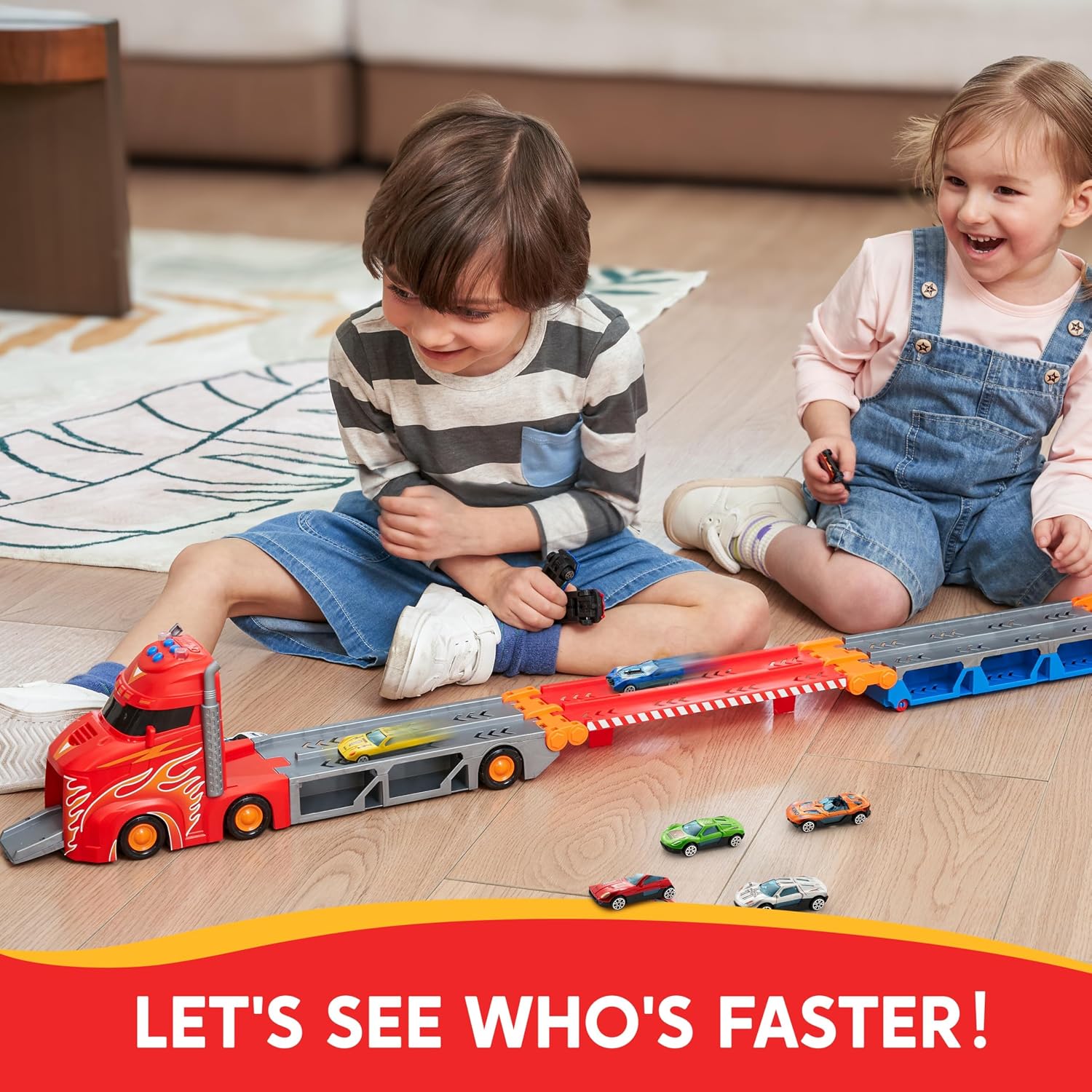 Detalle 1 de SYNCFUN Transport Race Truck Toy Cars – 8-Foot Foldable 3-Layer Race Track Set with 12 Cars, Lights & Sounds