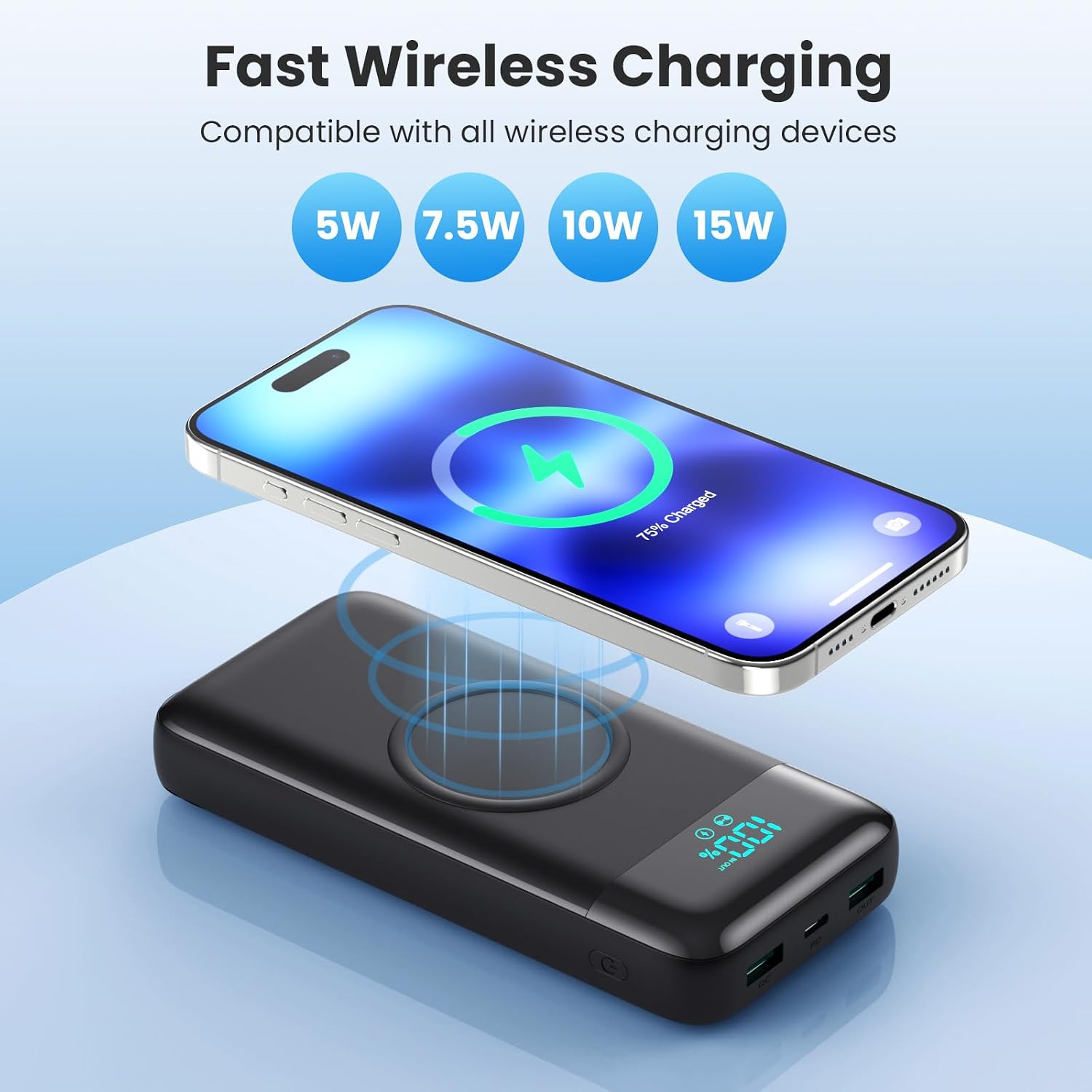 Detalle 2 de Wireless Power Bank 26800mAh 7-in-1 mit LCD-Display, 25W PD3.0 + QC4.0, 6 Ausgängen und integriertem Kabelset