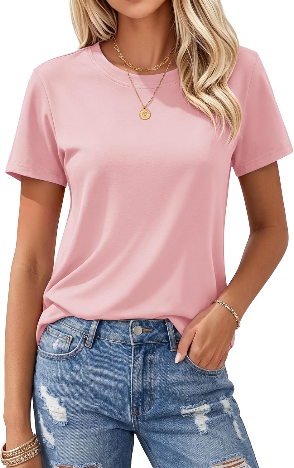Detalle de MAGCOMSEN Women’s Cotton T-Shirts Crew-Neck Short-Sleeve Classic-Fit
