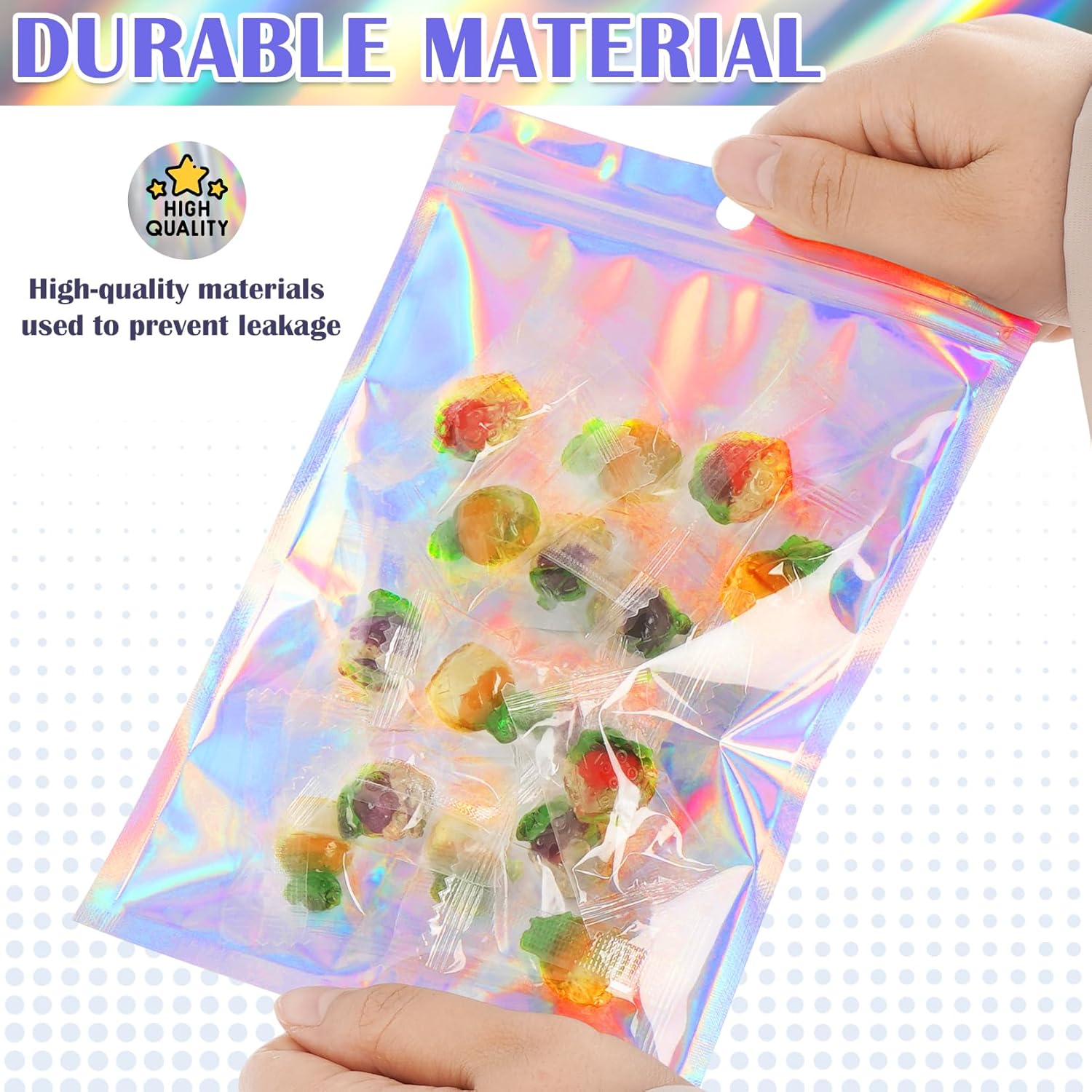 Detalle de JETMORE 100 Pcs Holographic Mylar Bags (3x5in) – Resealable, Windowed, Smell-Proof