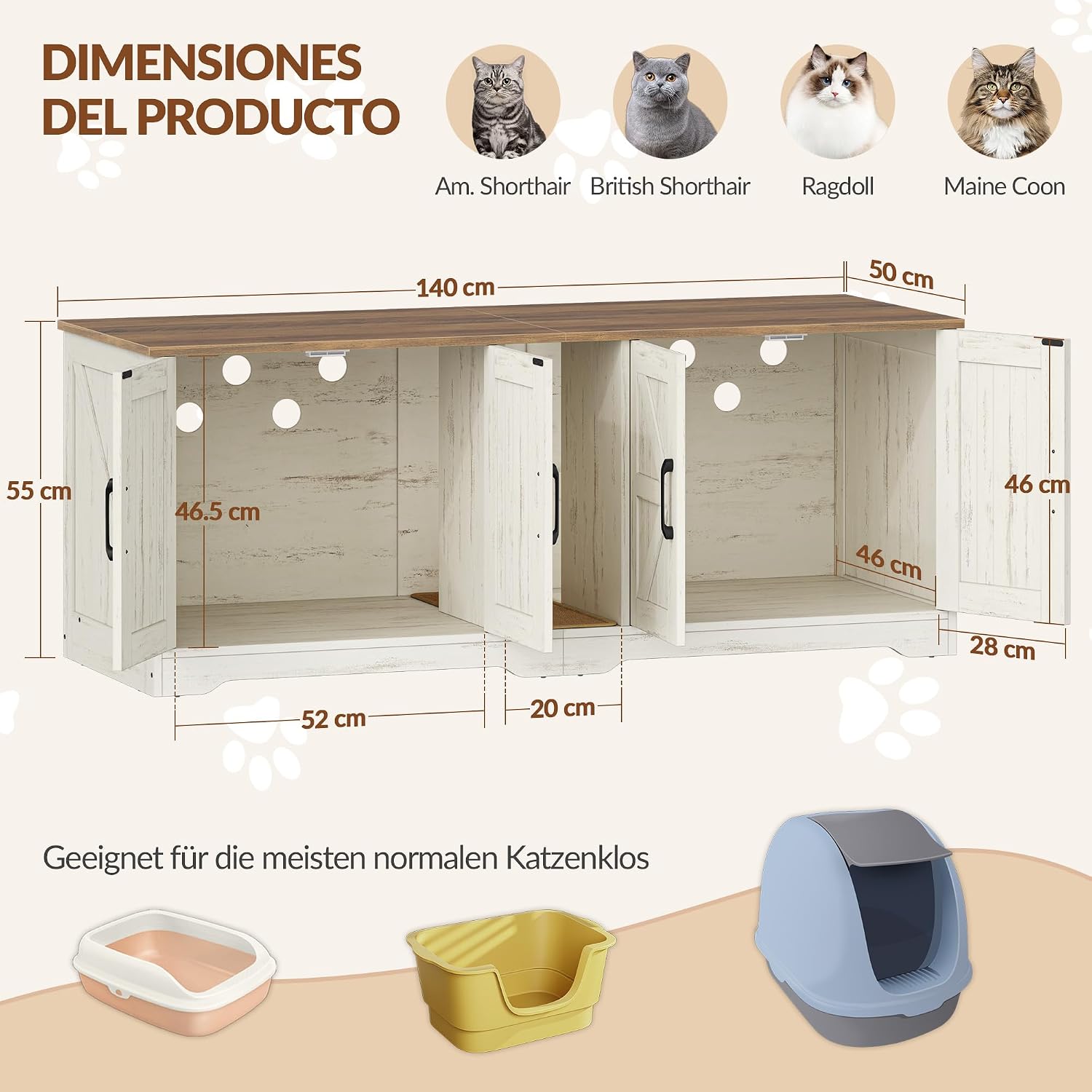 Detalle de Fobyfurny Katzenklo Schrank für 2 Katzen – 140 x 50 x 55 cm, Braun & Weiß (FPCB103PWR1)