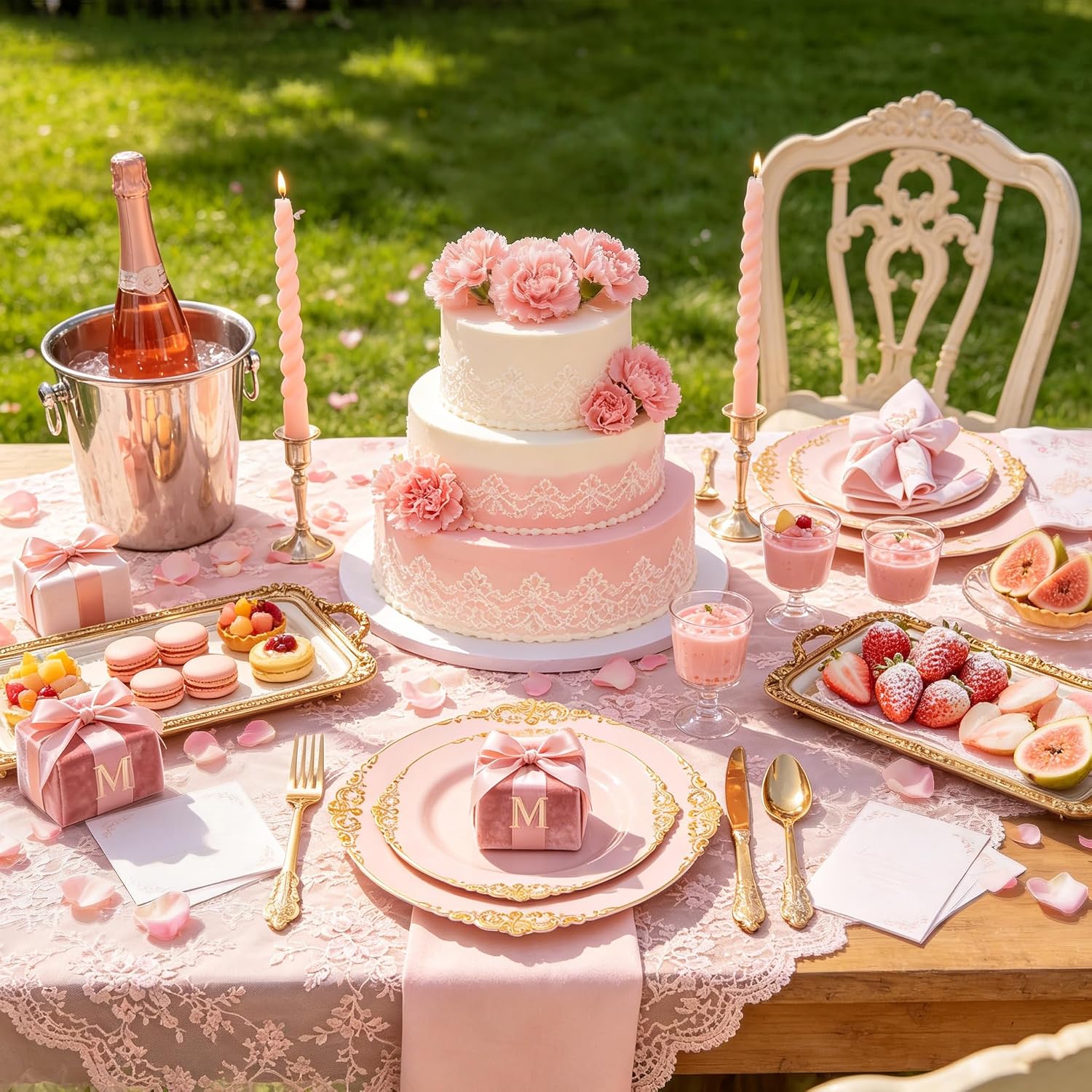 Detalle de Joyido 125PCS Pink and Gold Plastic Plates with Silverware Set for 25 Guests