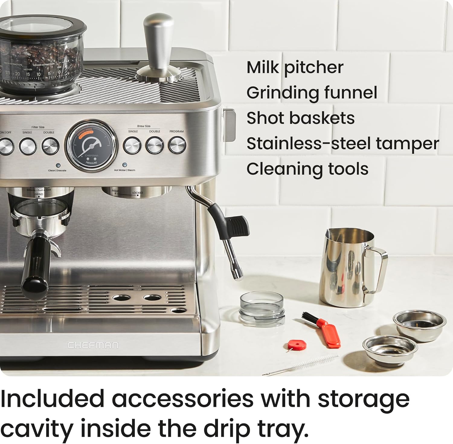 Thumbnail 6 de Chefman Crema Supreme 15 Bar Espresso Machine with Milk Frother: All-in-One Semi-Auto with Built-In Grinder