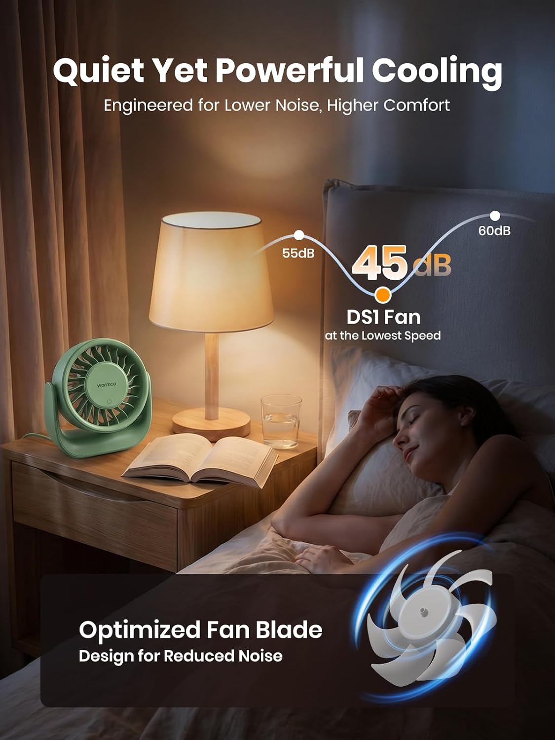 Detalle de Warmco USB Desk Fan DS1: 3-Speed, 2-in-1 USB-A & USB-C, 120° Tilt, No Battery
