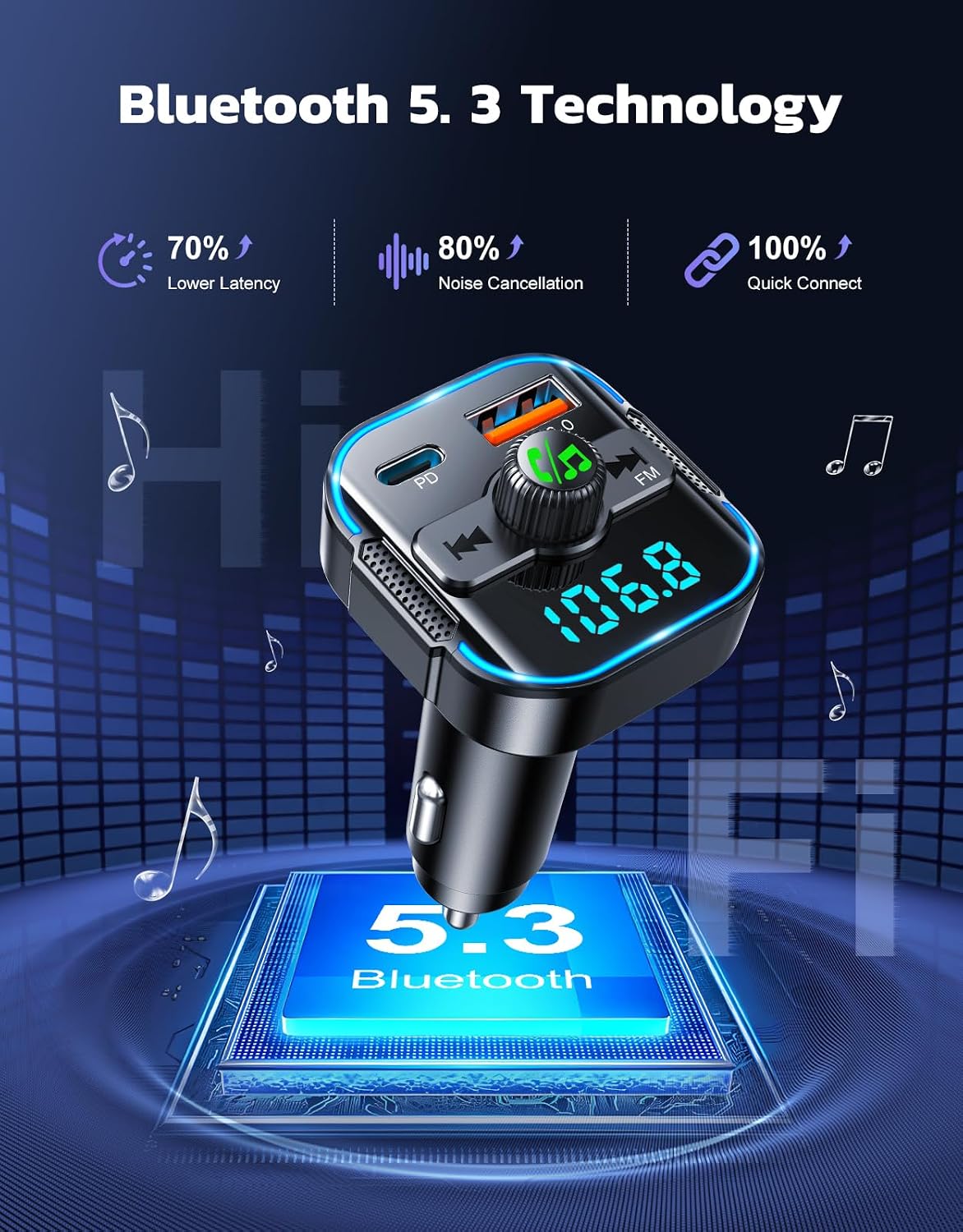 Detalle de Glangeh 2026 Upgraded Bluetooth 5.3 Car Adapter – 45W PD + 36W QC, 2-in-1 FM Transmitter with Dual Mics and Fast Car Charger