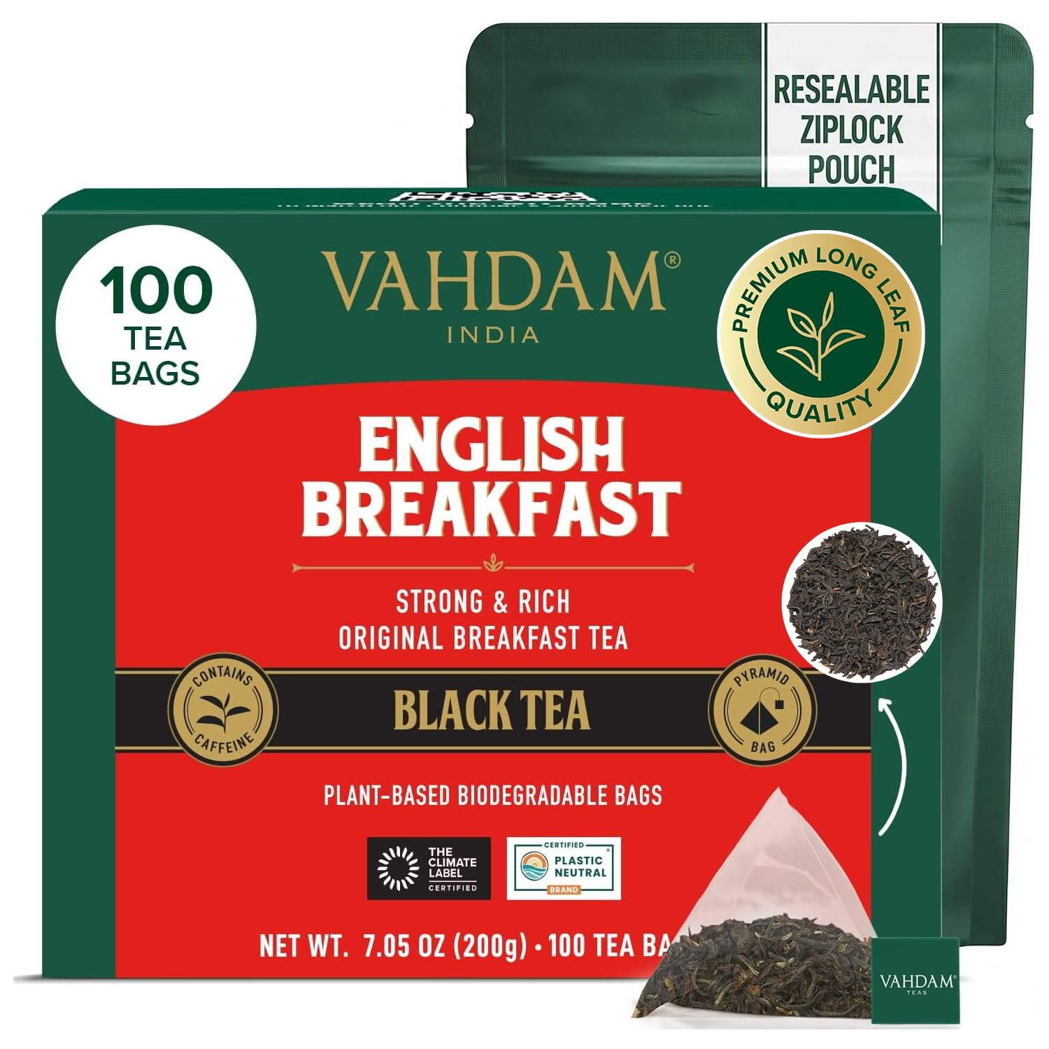 Detalle de VAHDAM English Breakfast Schwarz Tee (100 Teebeutel) – kräftiger Schwarztee als Kaffee-Ersatz, glutenfrei