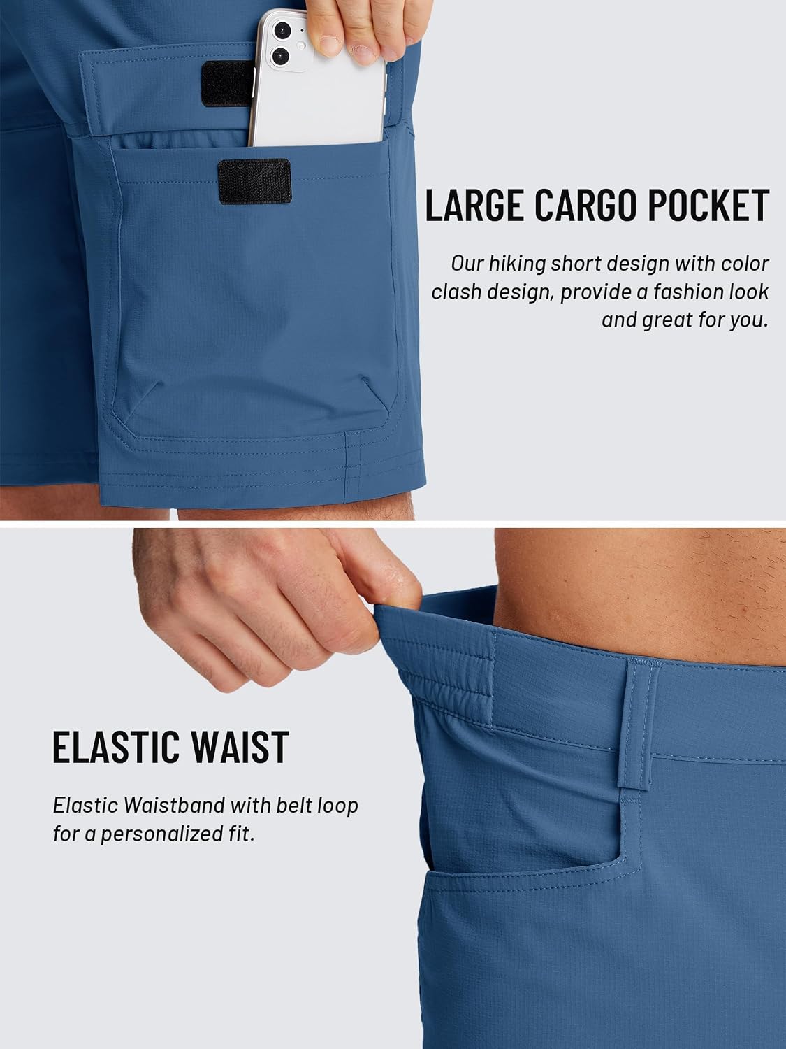 Detalle de TACVASEN men’s cargo shorts with quick-dry fabric, zip pockets and elasticated waistband (no belt)