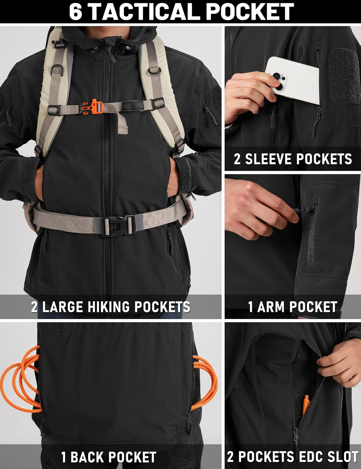Detalle 1 de TACVASEN XLTJ-73 Men's Tactical Soft Shell Jacket with Hood and Fleece Lining