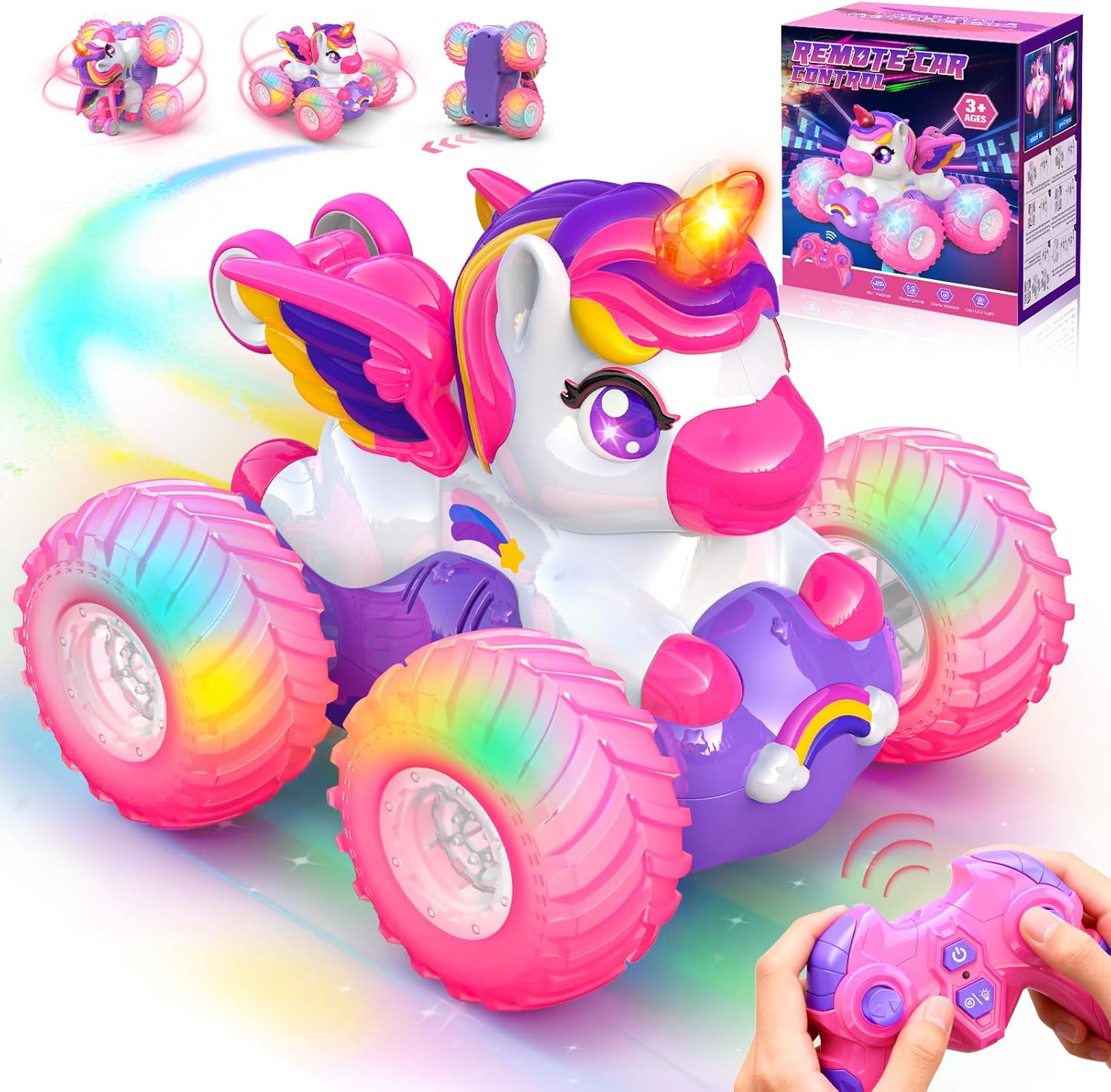 HappyGoLucky Voiture télécommandée enfant Licorne rose 2,4 GHz à rotation 360°