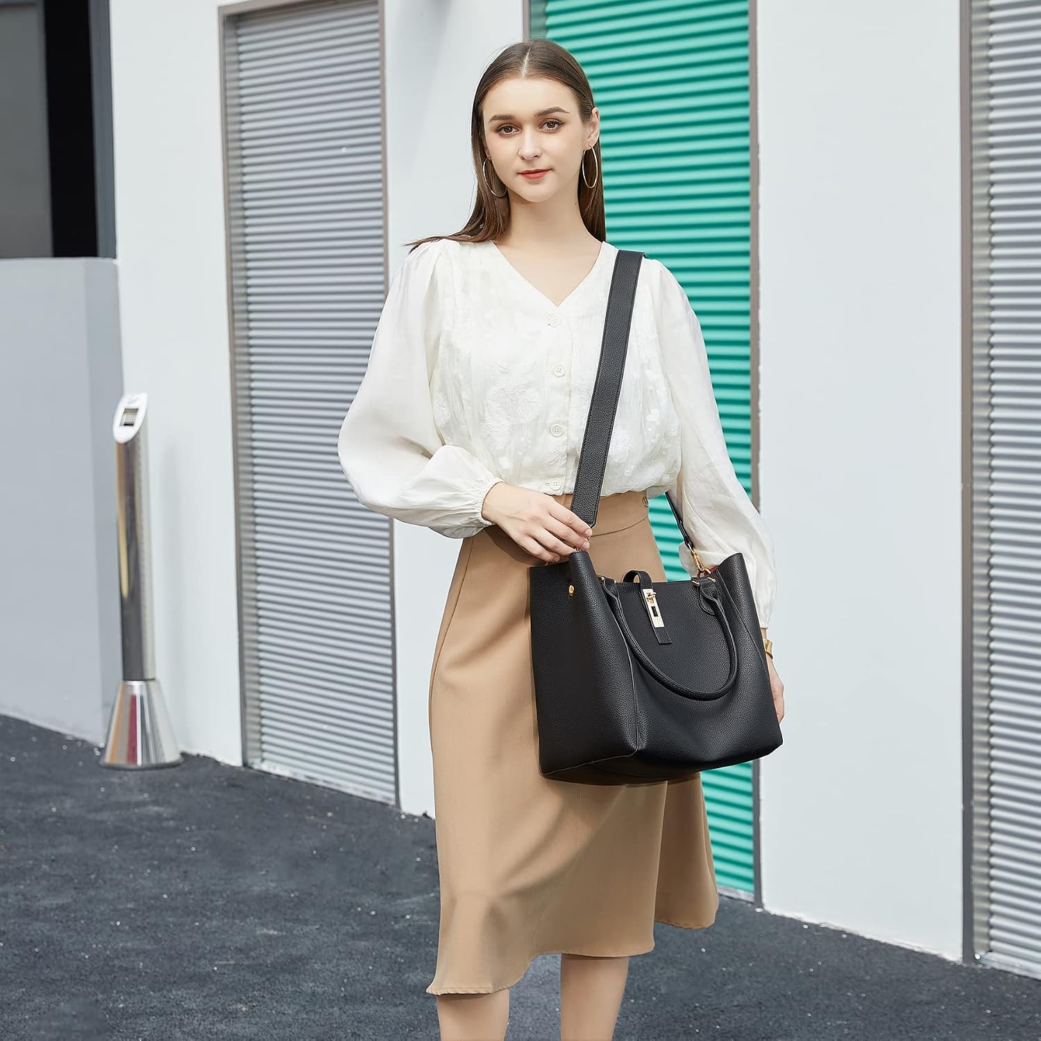 Detalle de sqlp Shopper Tasche Damen Groß – Ledertasche Big Tote Bag mit Henkelgriff und Schultergurt